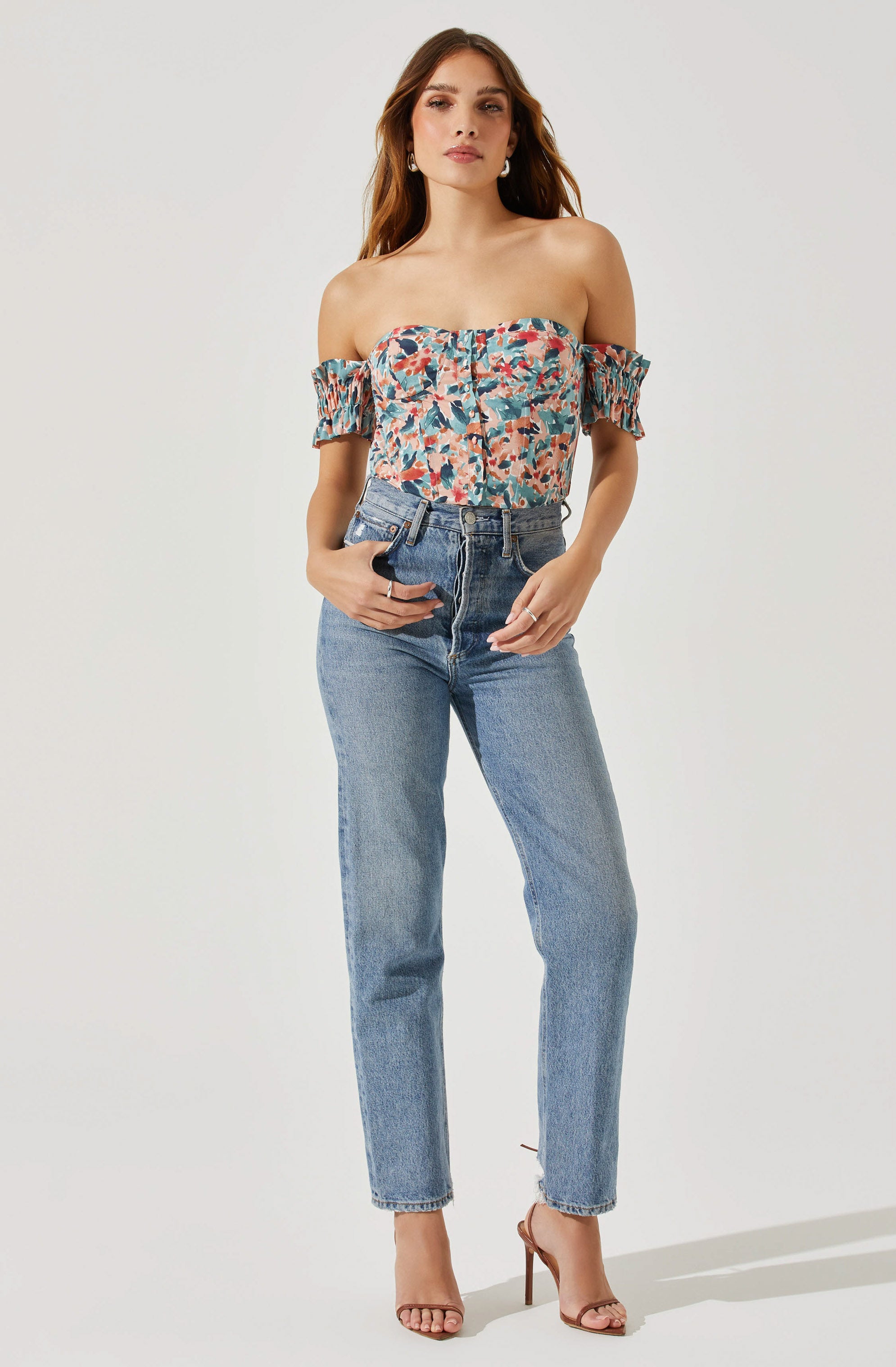 Off Shoulder Floral Ruffle Corset Top-Aljck