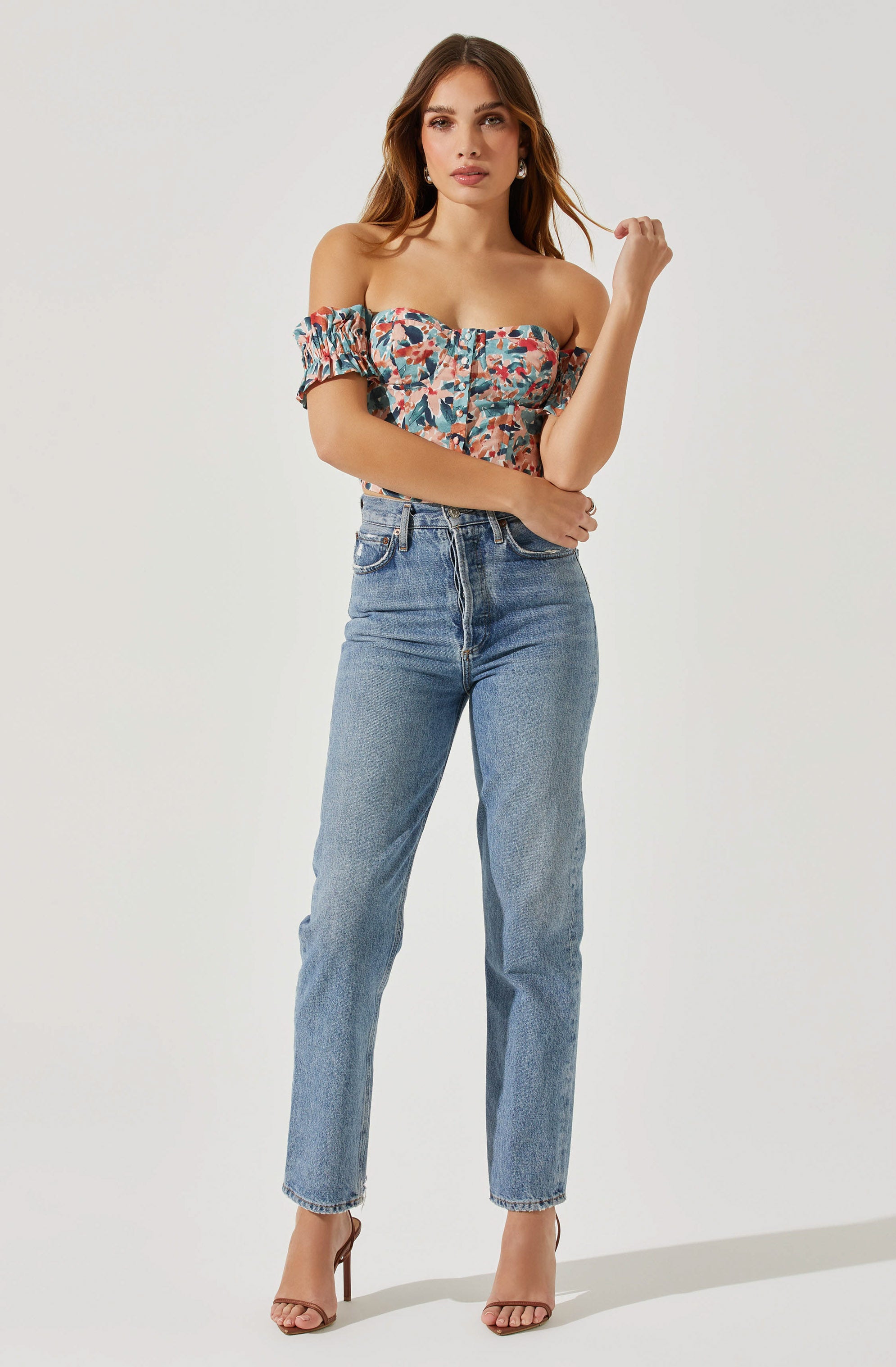 Off Shoulder Floral Ruffle Corset Top-Aljck