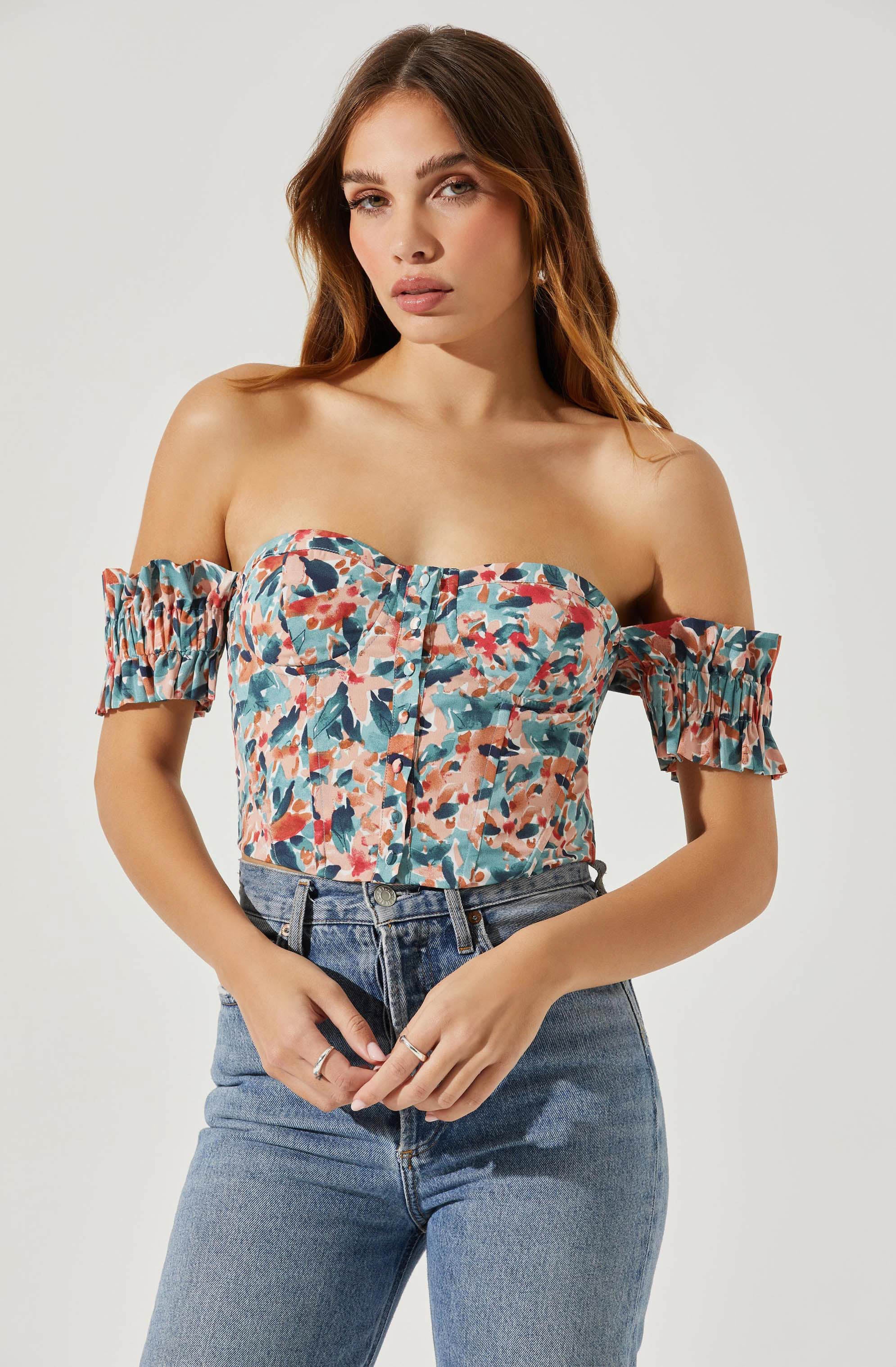 Off Shoulder Floral Ruffle Corset Top-Aljck