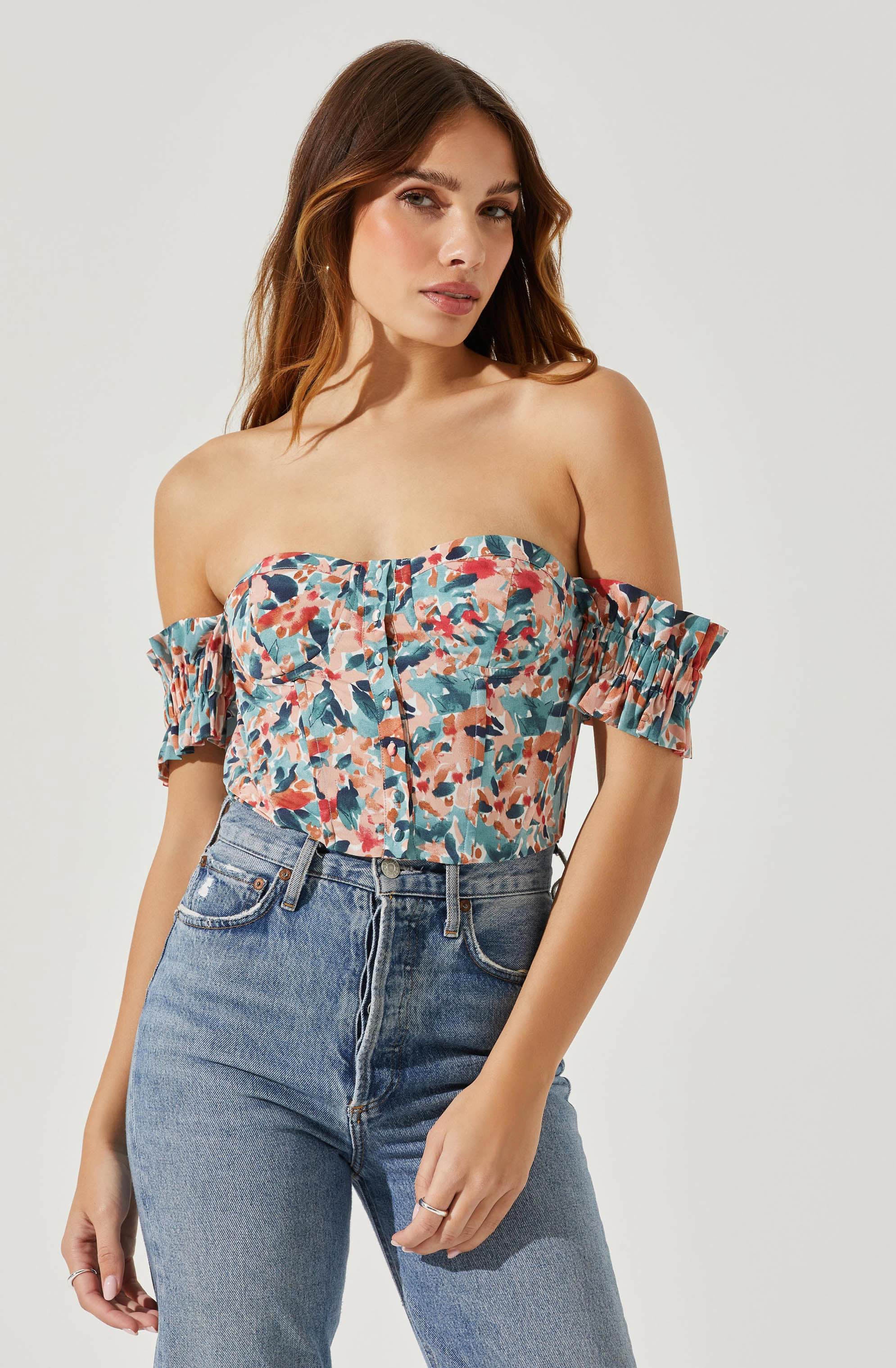 Off Shoulder Floral Ruffle Corset Top-Aljck