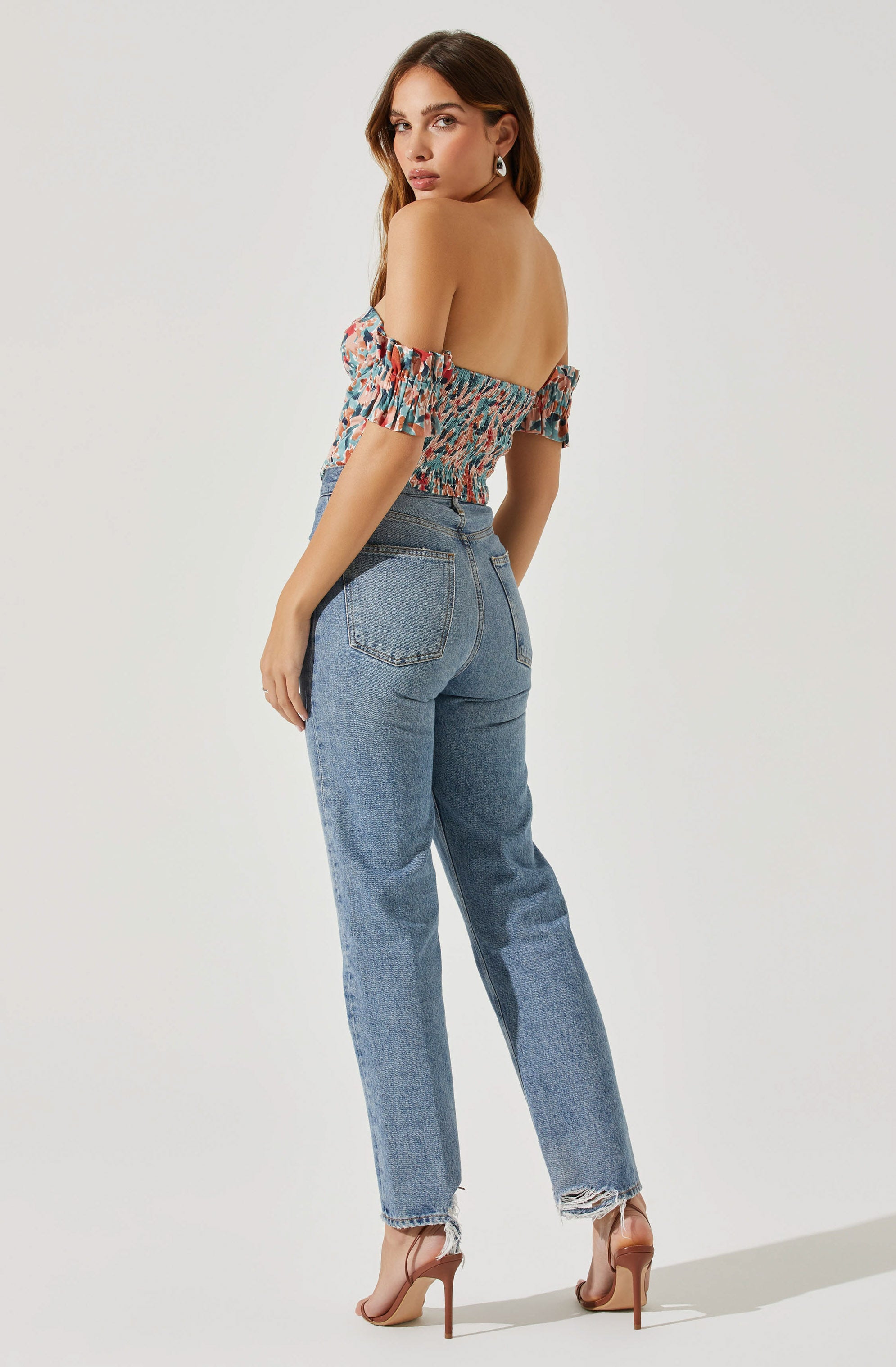 Off Shoulder Floral Ruffle Corset Top-Aljck