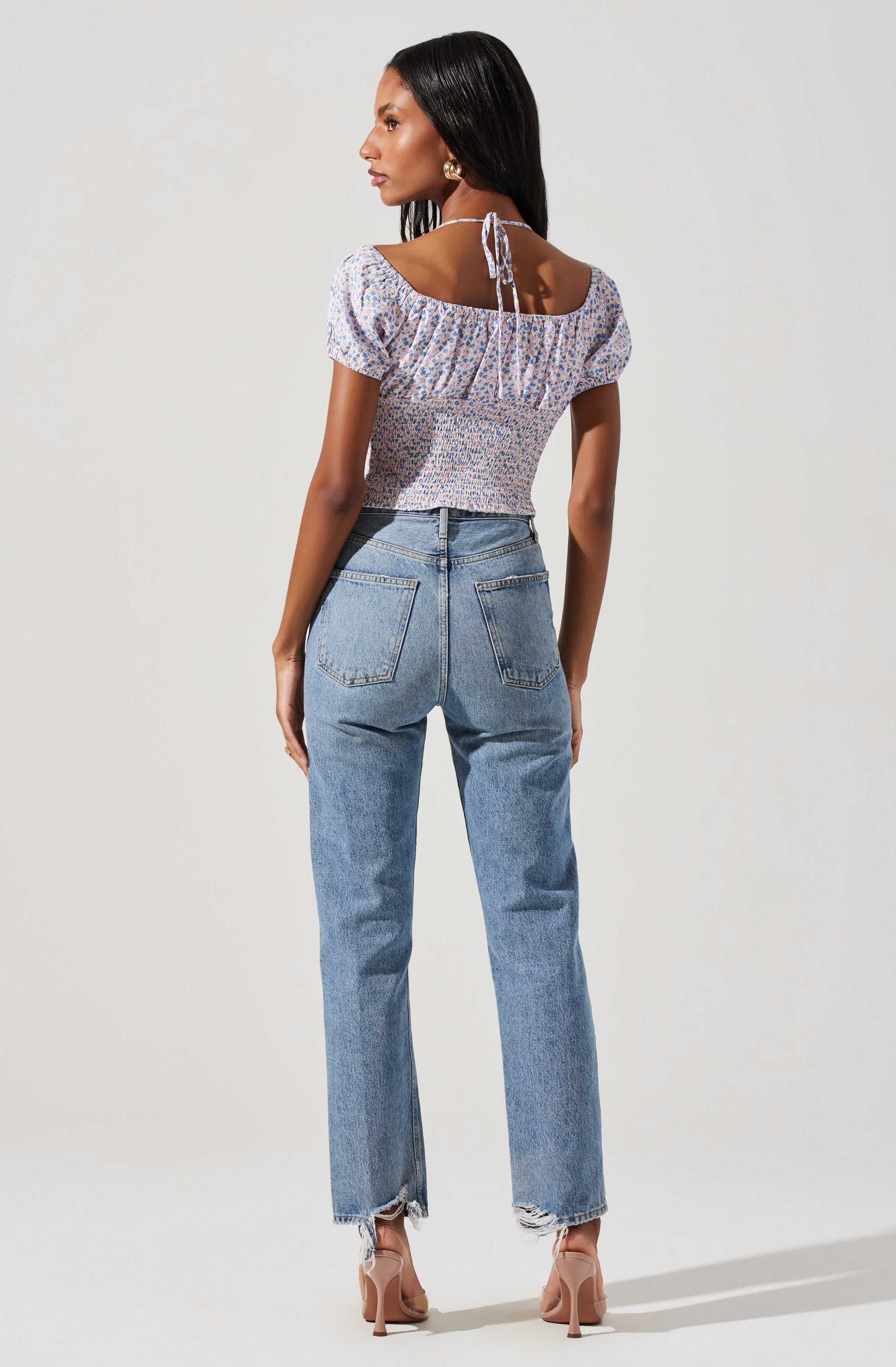 Smocked Halter Tie Floral Top-Aljck