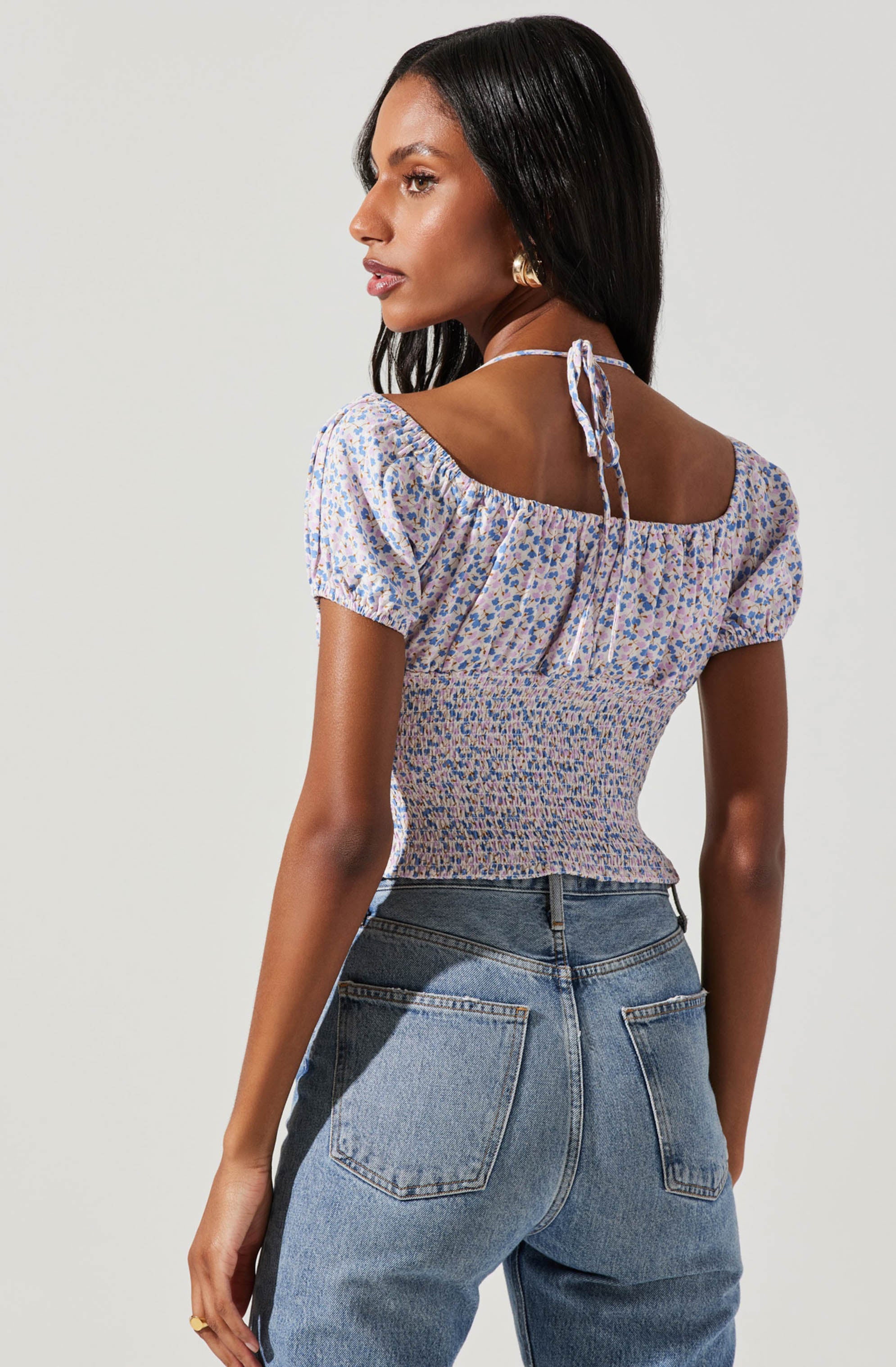 Smocked Halter Tie Floral Top-Aljck