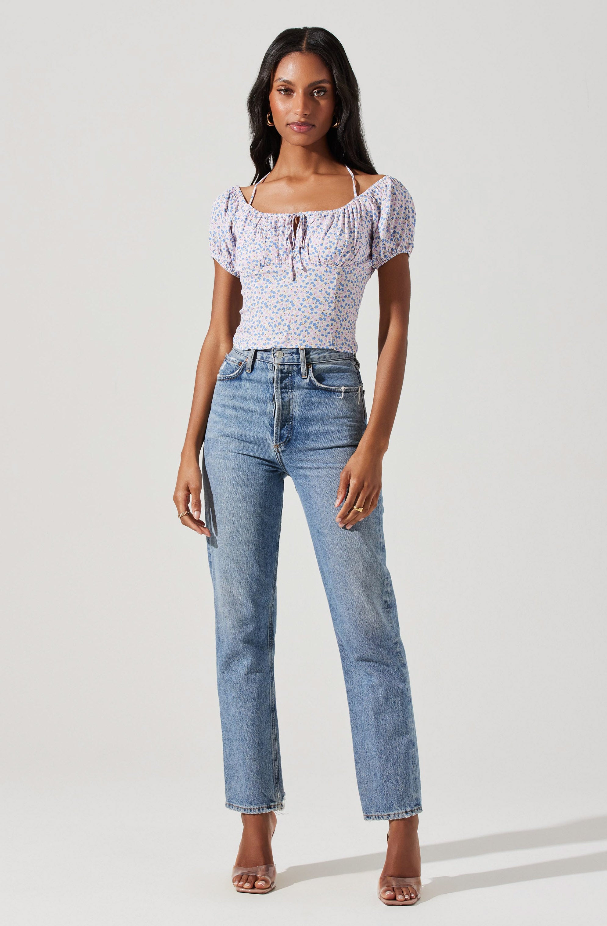 Smocked Halter Tie Floral Top-Aljck