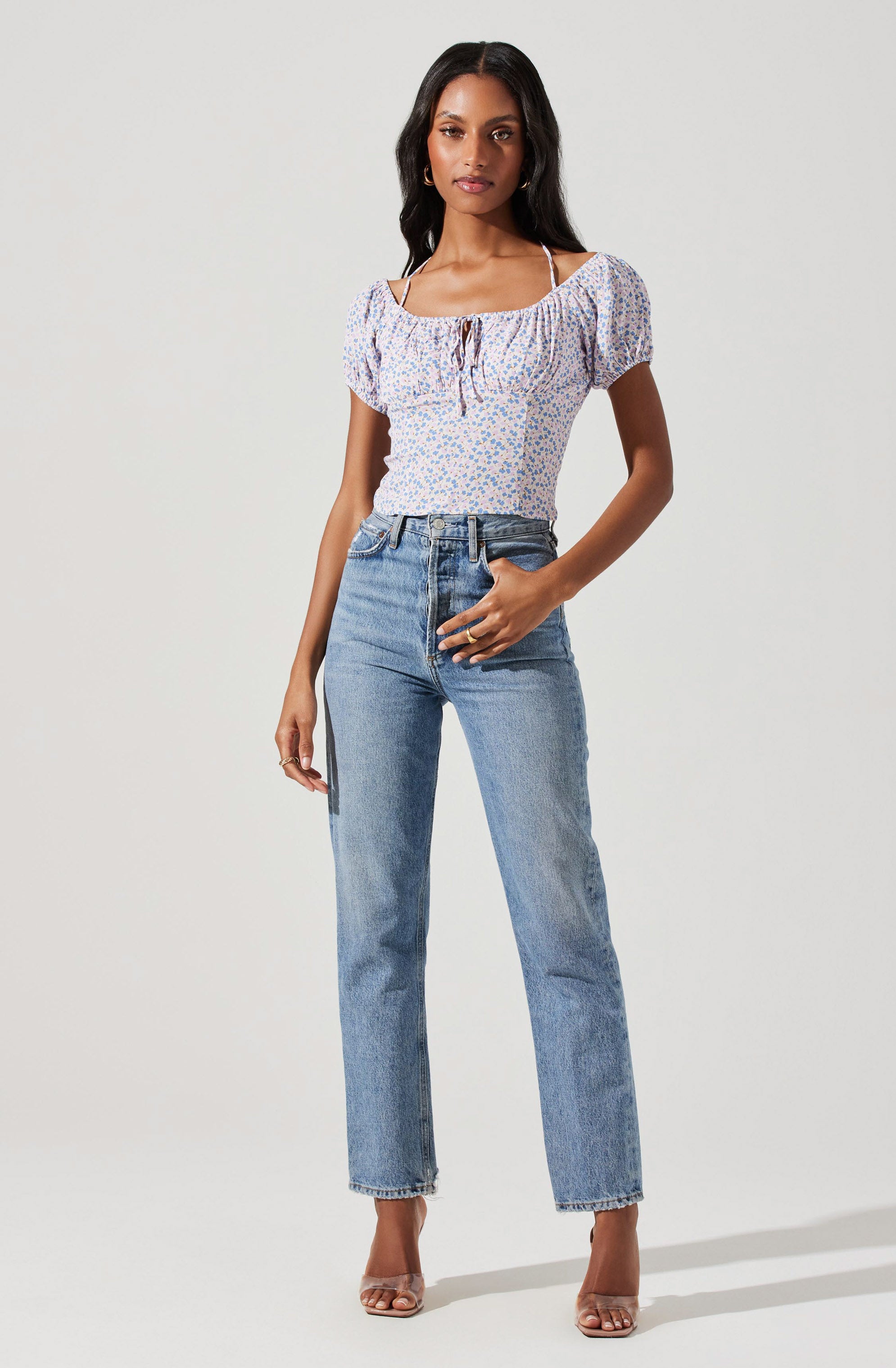 Smocked Halter Tie Floral Top-Aljck