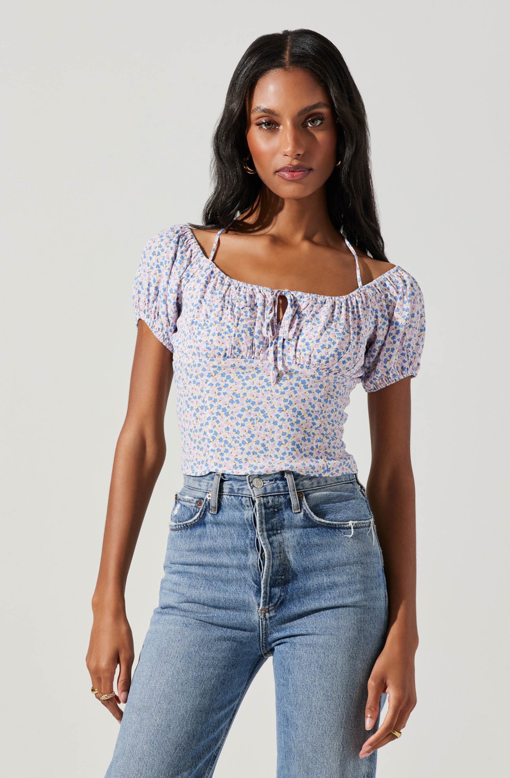 Smocked Halter Tie Floral Top-Aljck