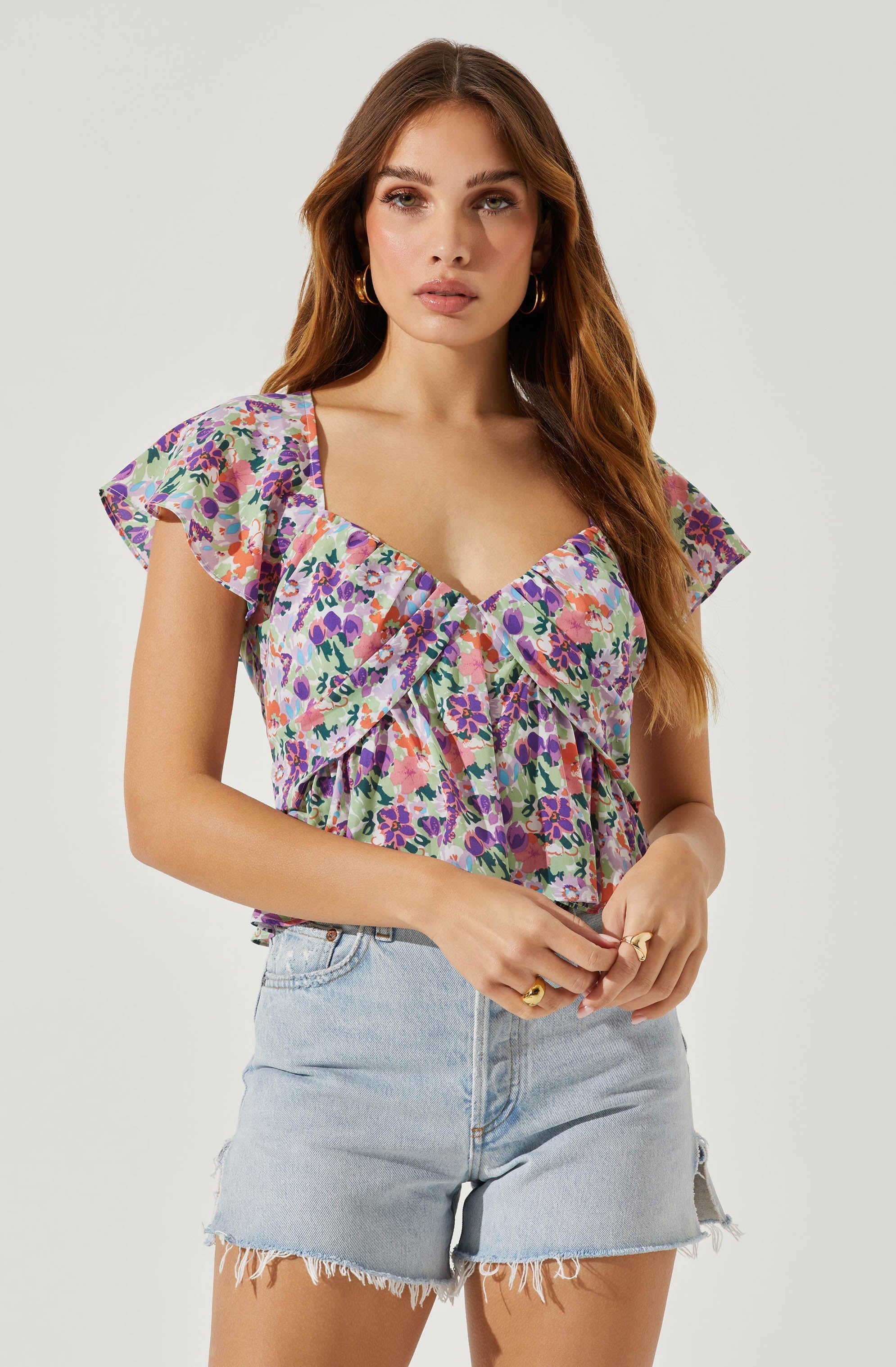 Flutter Sleeve Flowy Floral Top-Aljck