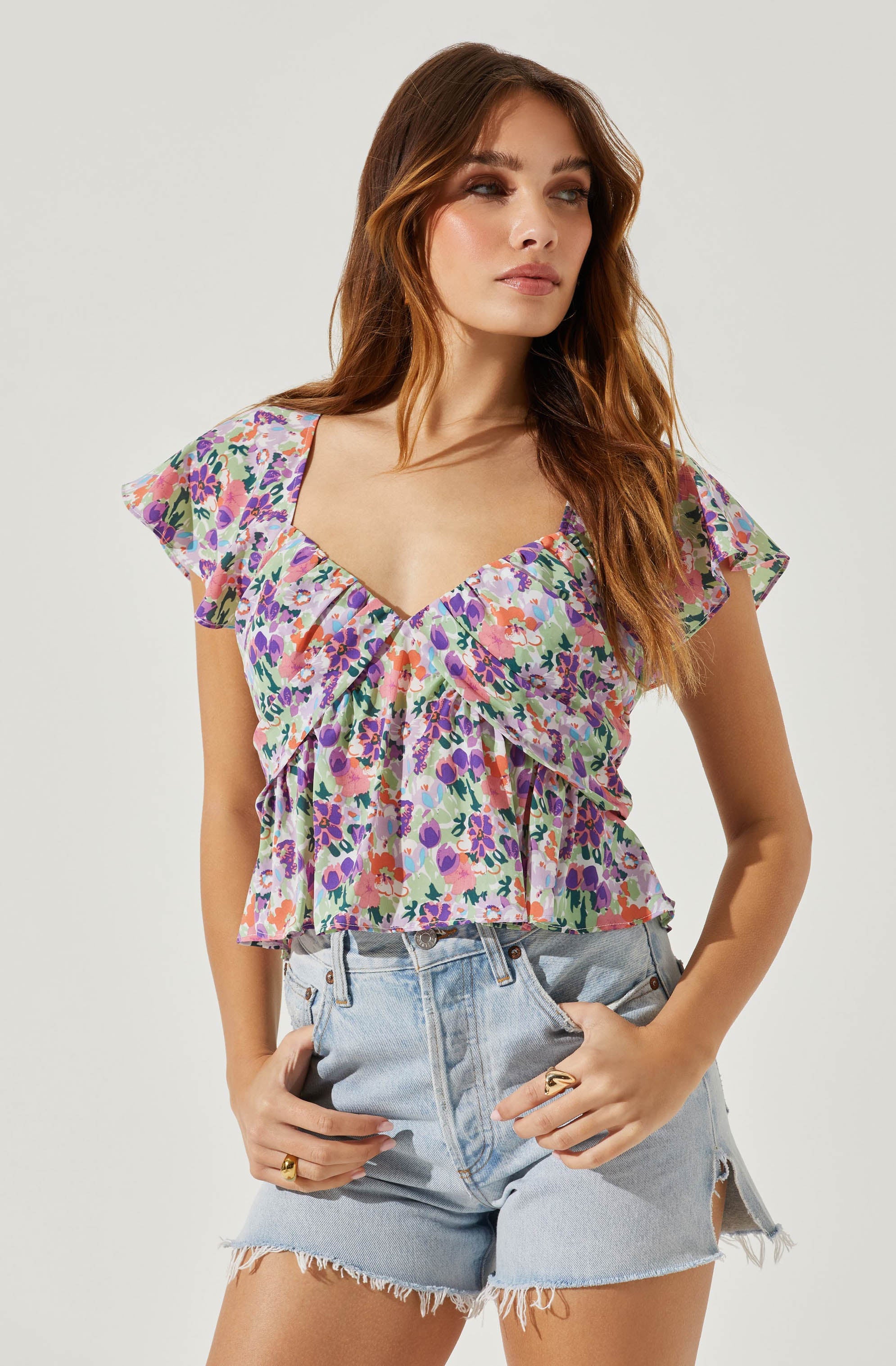 Flutter Sleeve Flowy Floral Top-Aljck