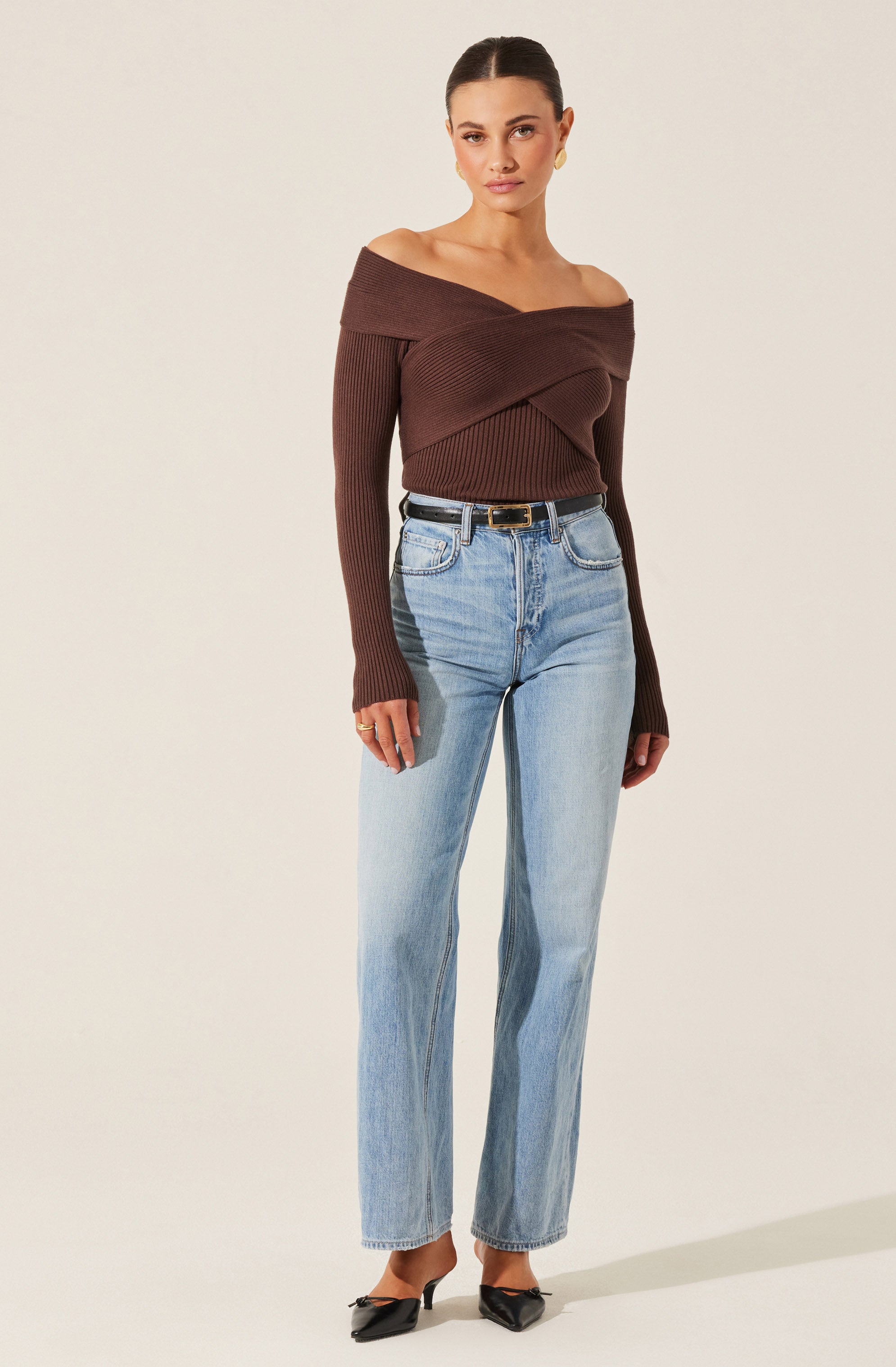 Off Shoulder Crossover Sweater-Aljck