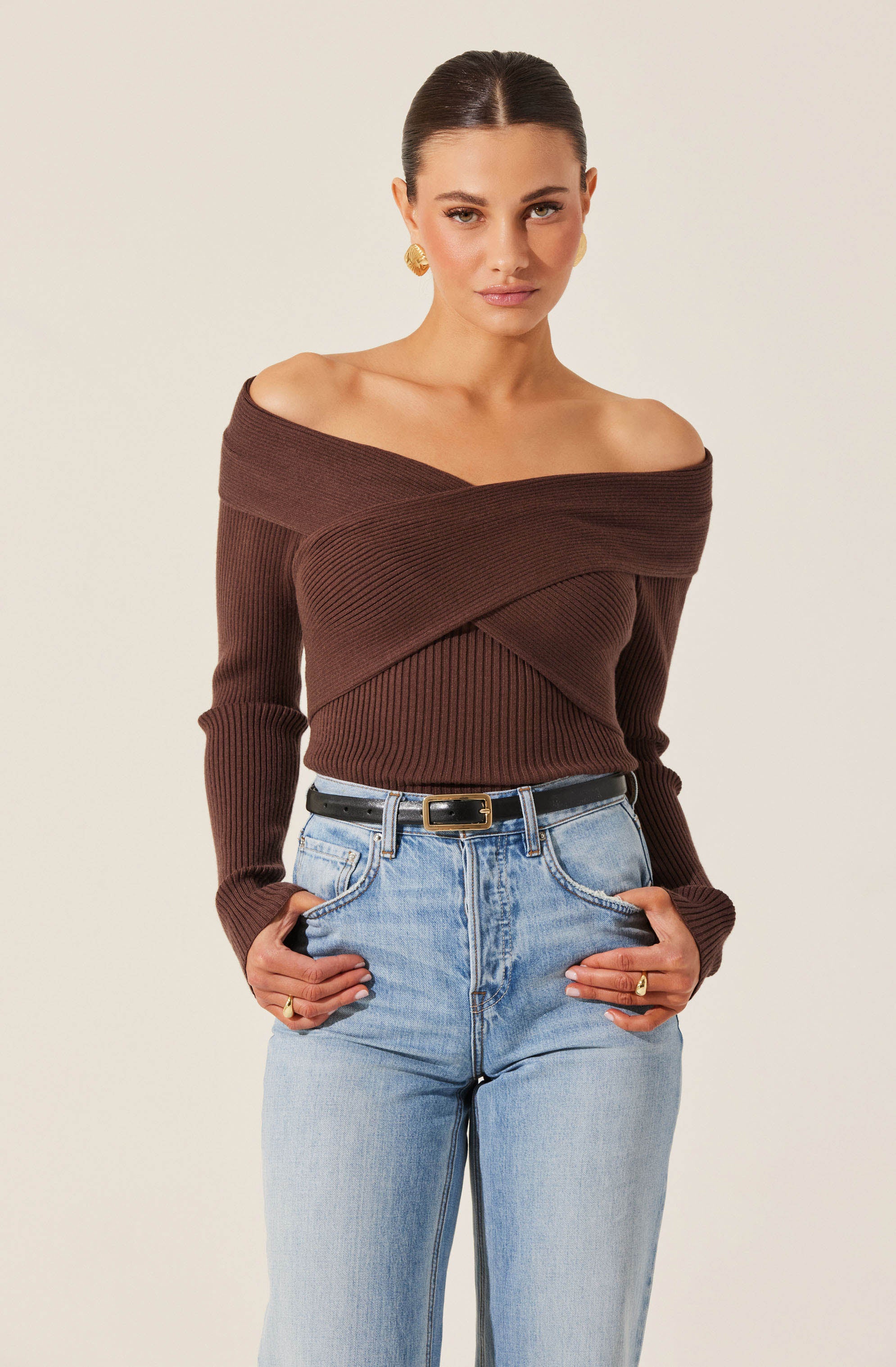 Off Shoulder Crossover Sweater-Aljck