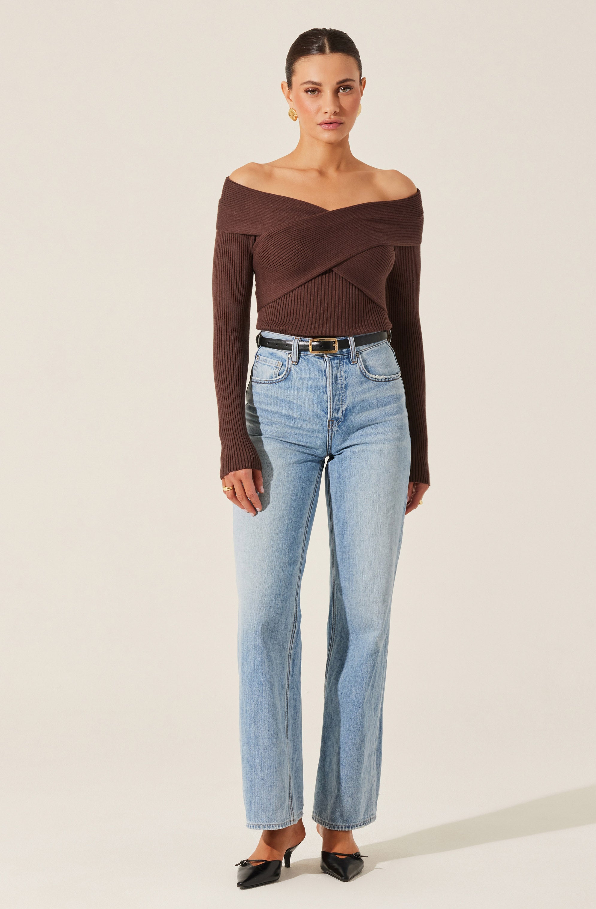 Off Shoulder Crossover Sweater-Aljck
