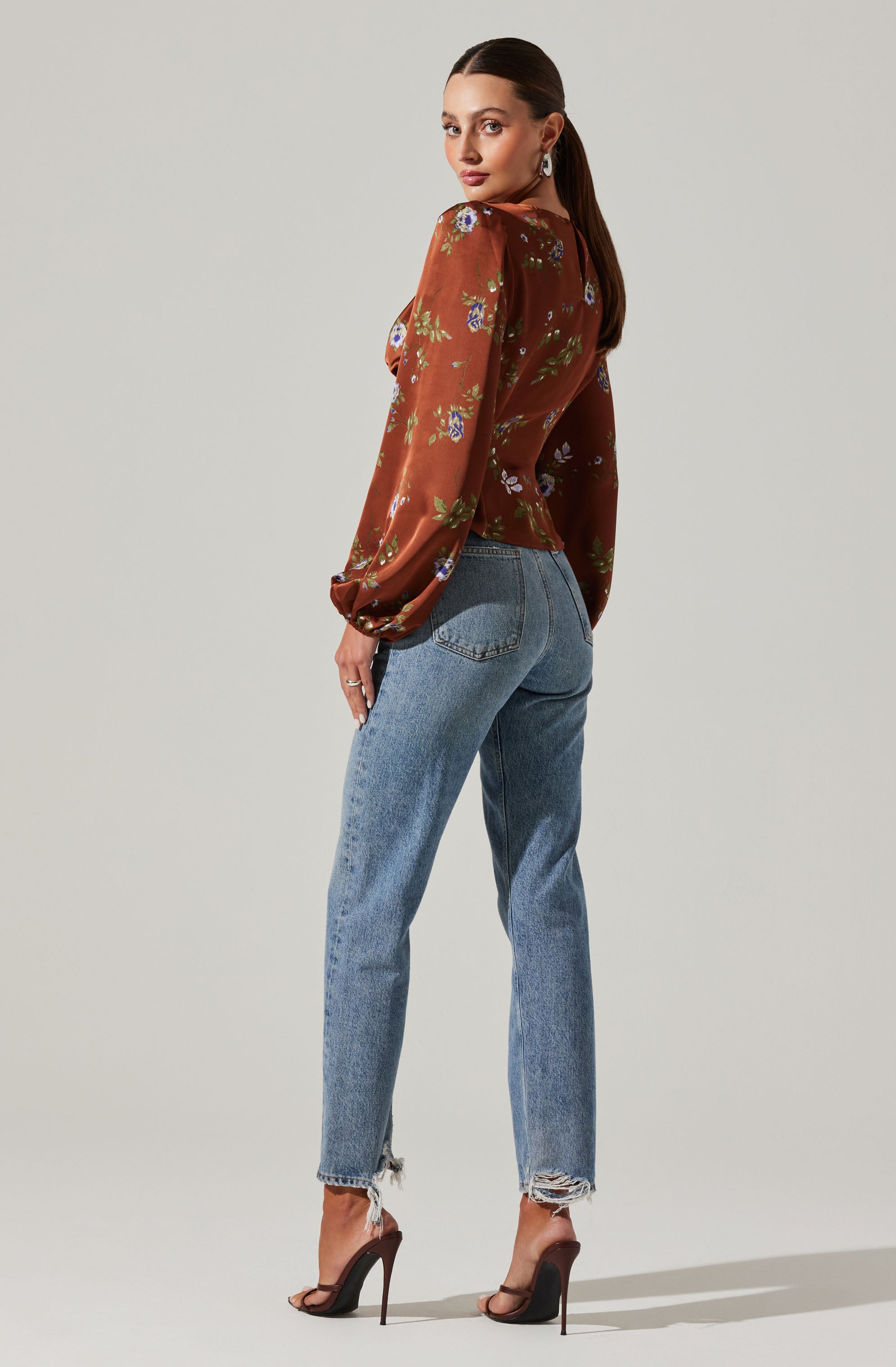 Bishop Sleeve Twist Floral Top-Aljck