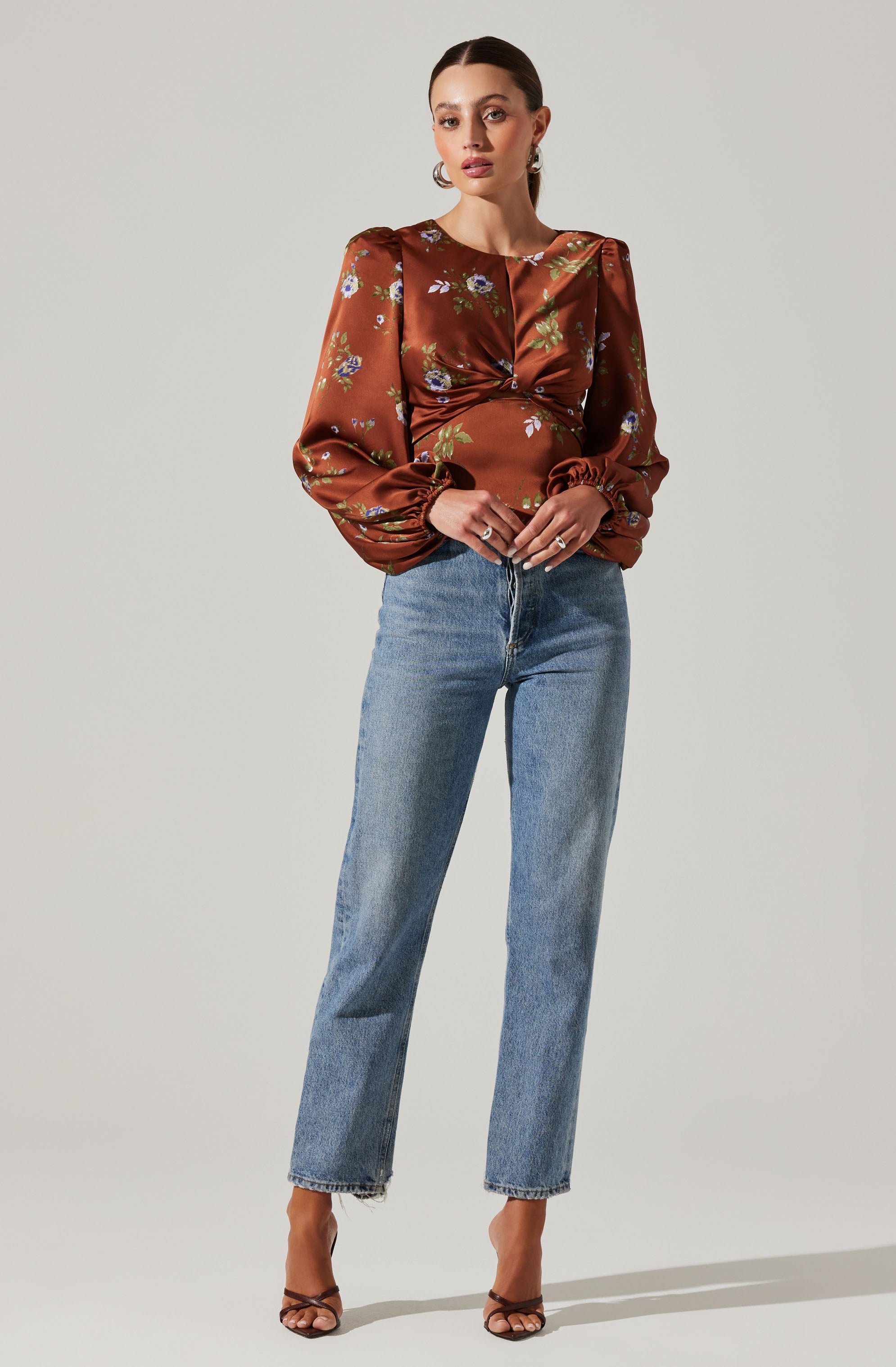 Bishop Sleeve Twist Floral Top-Aljck