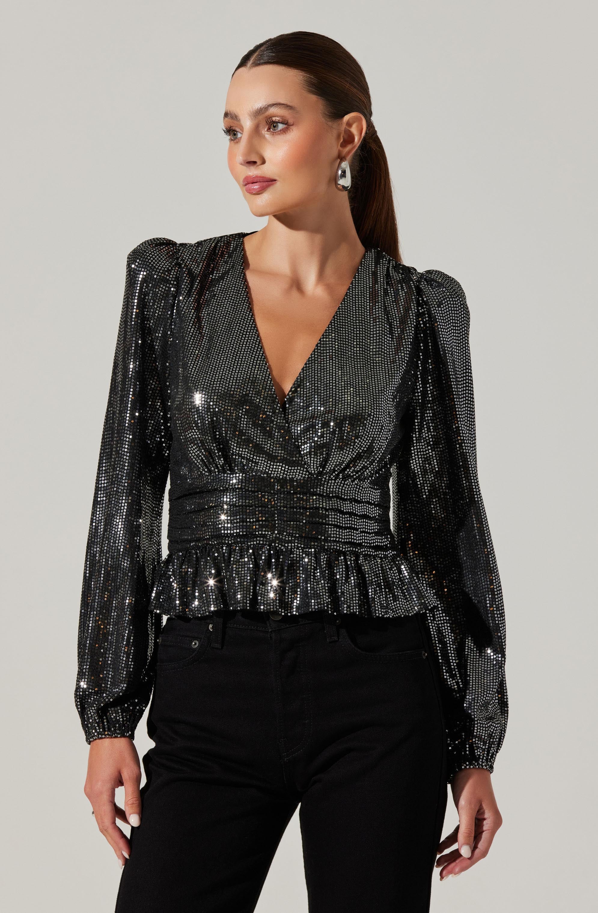 Plunge Sequin Peplum Long Sleeve-Aljck