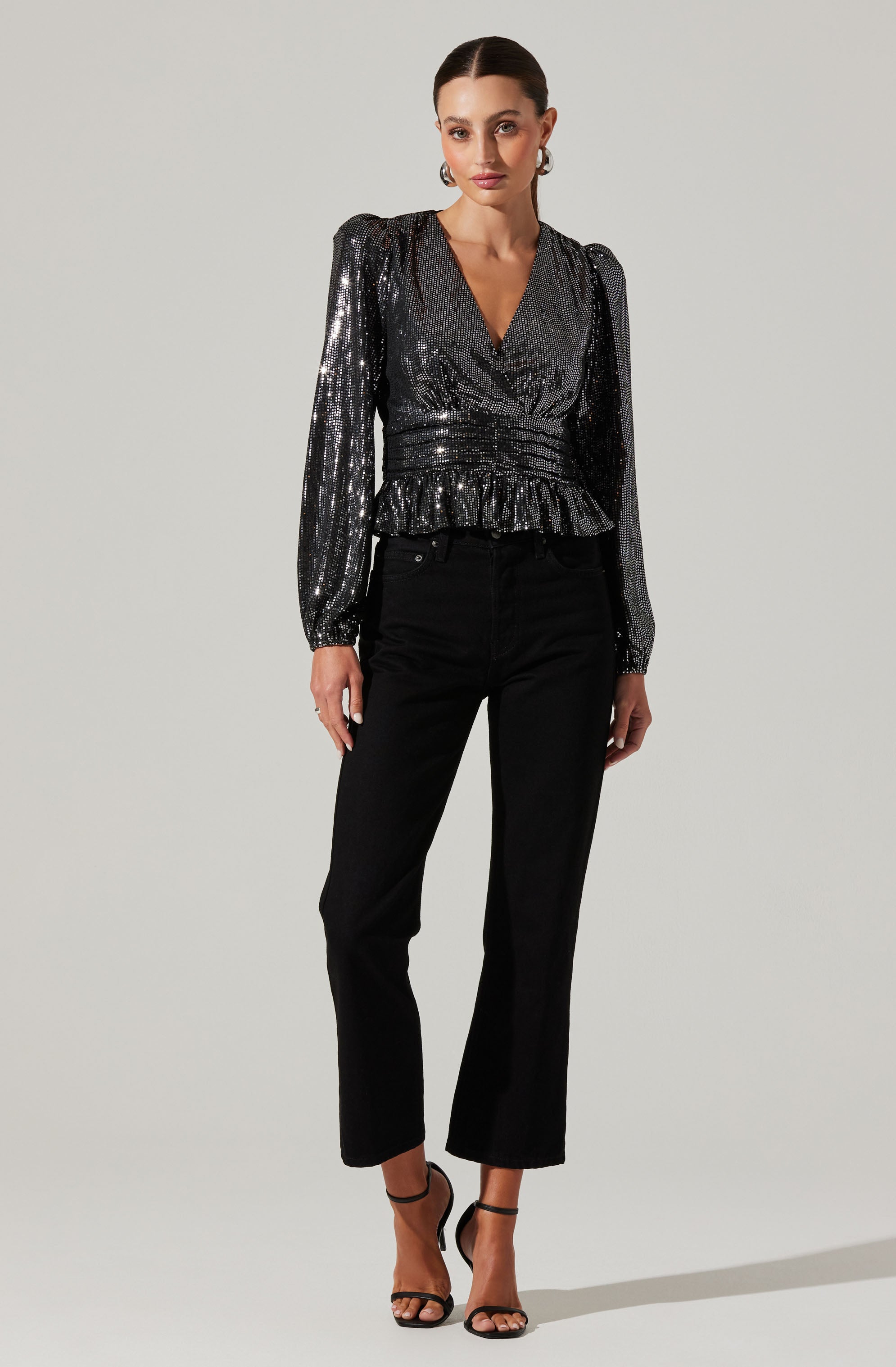 Plunge Sequin Peplum Long Sleeve-Aljck