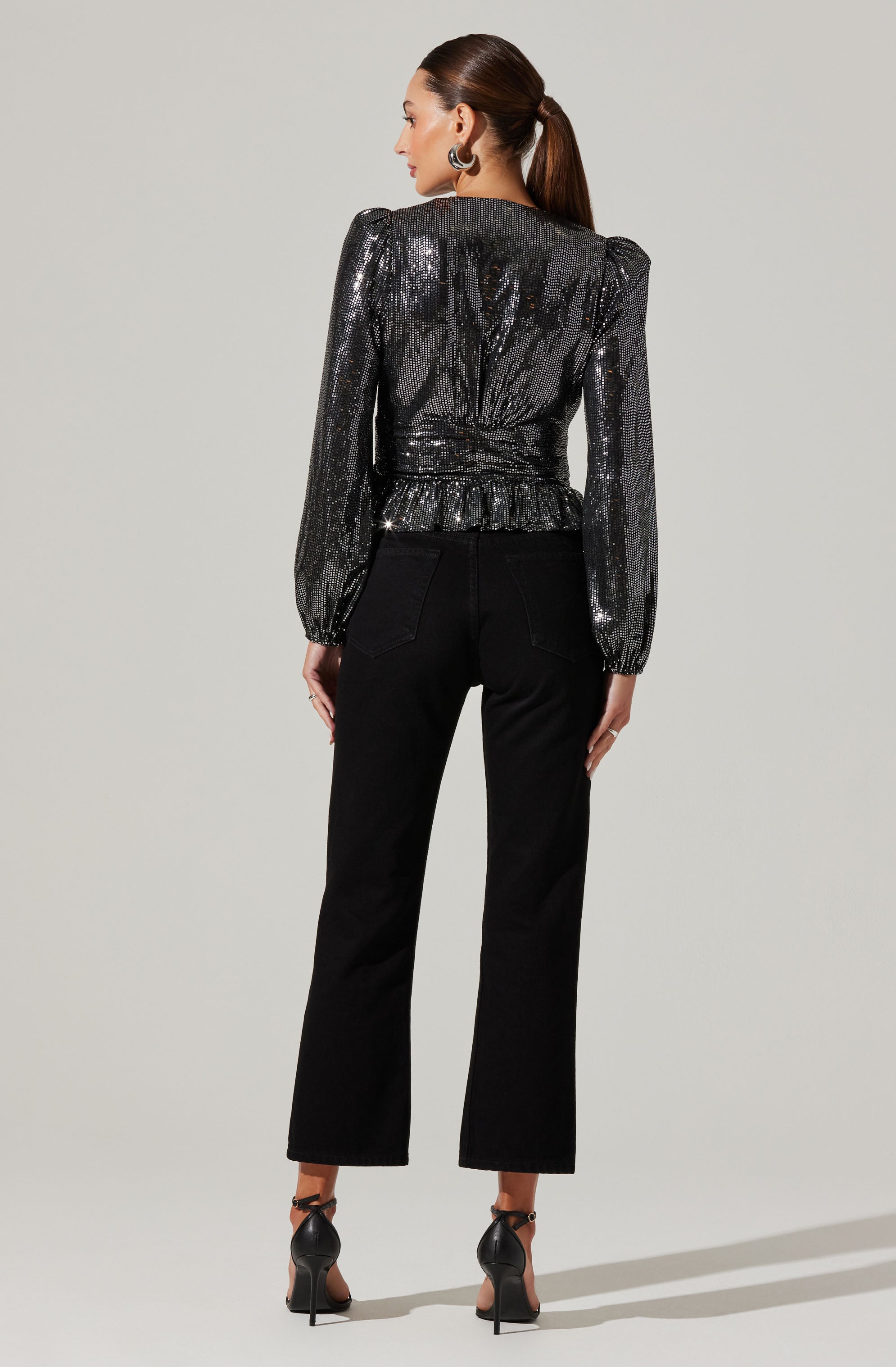 Plunge Sequin Peplum Long Sleeve-Aljck