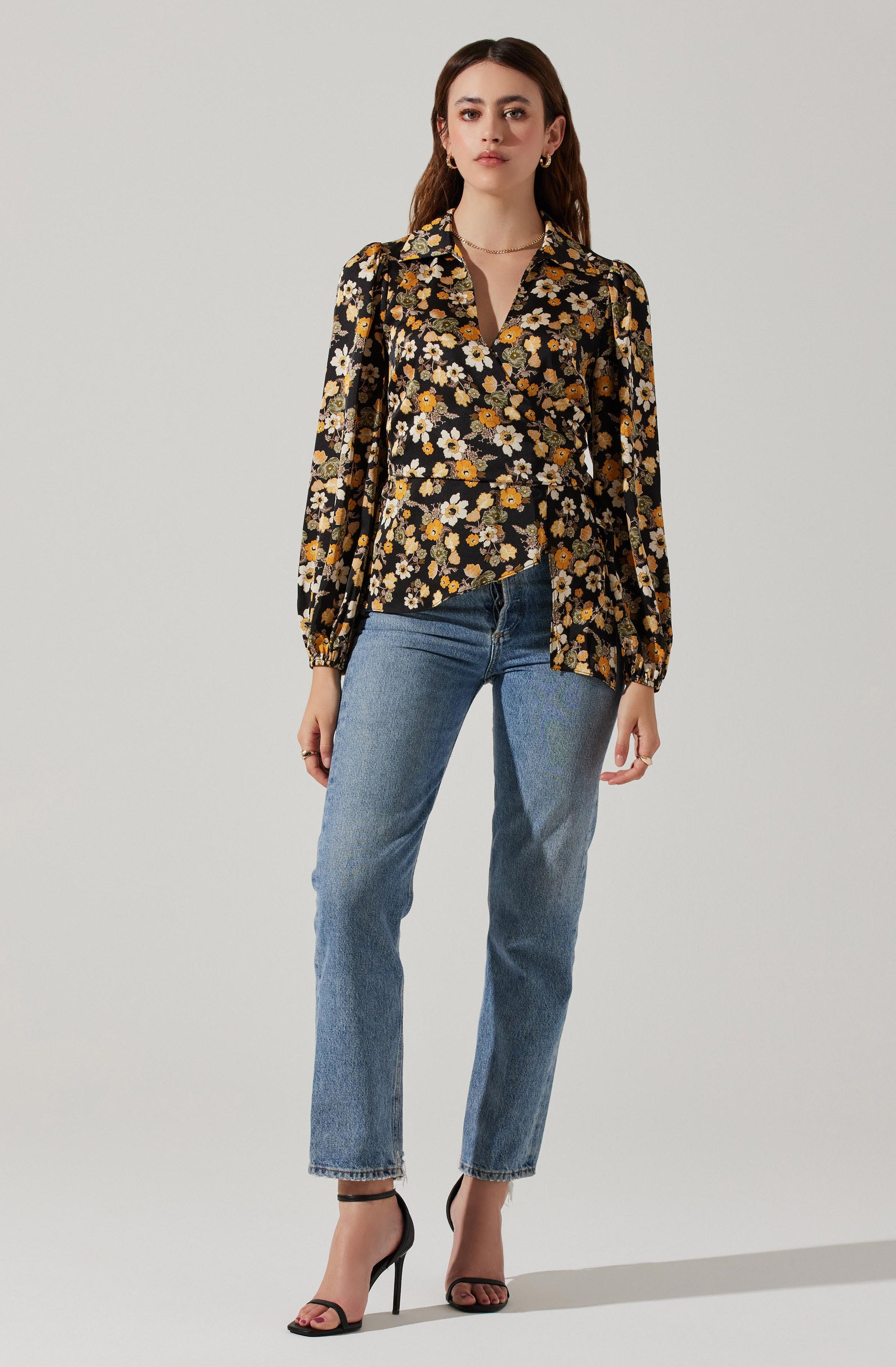 Asymmetrical Collared Floral Wrap Top-Aljck