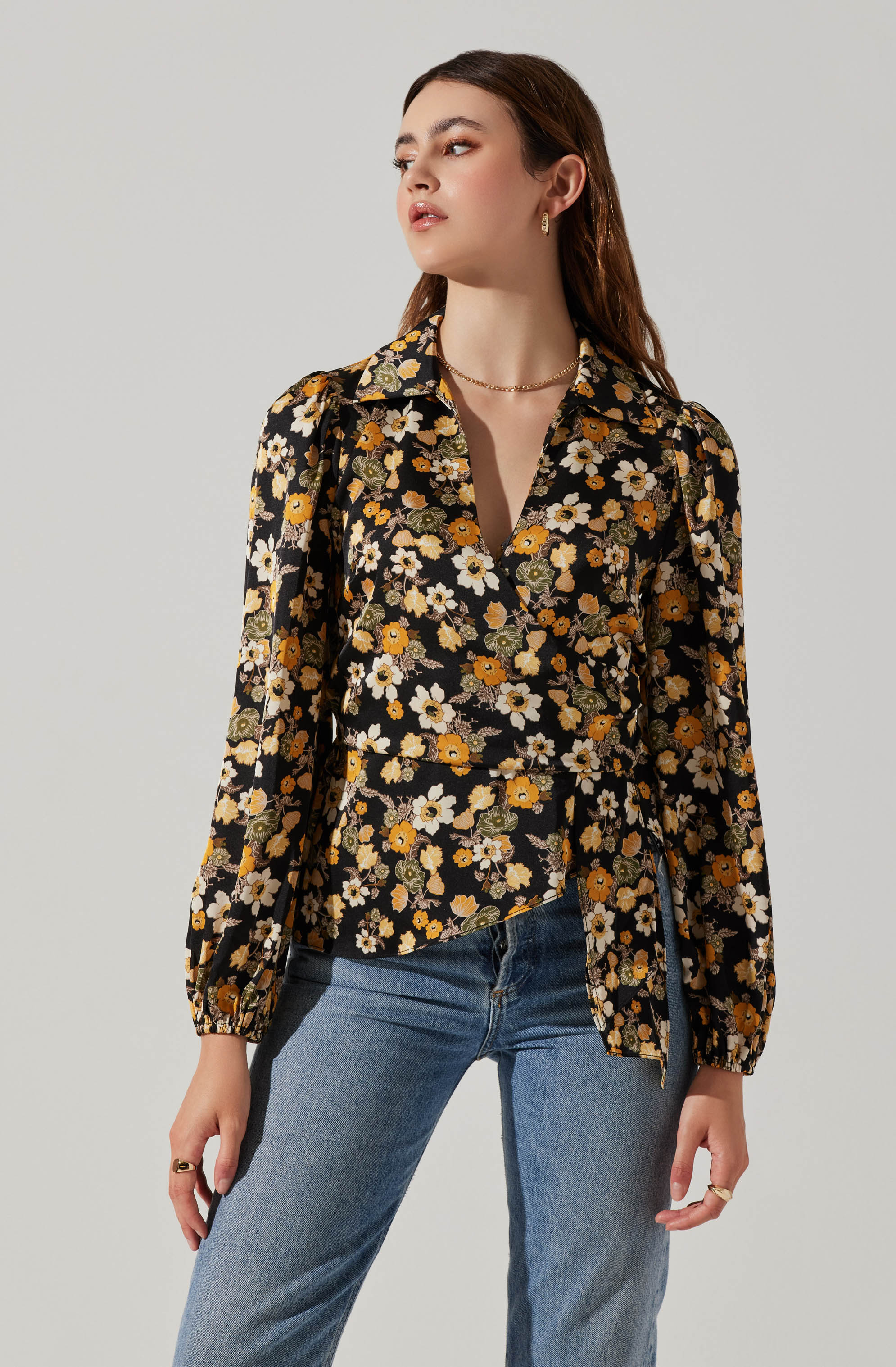 Asymmetrical Collared Floral Wrap Top-Aljck