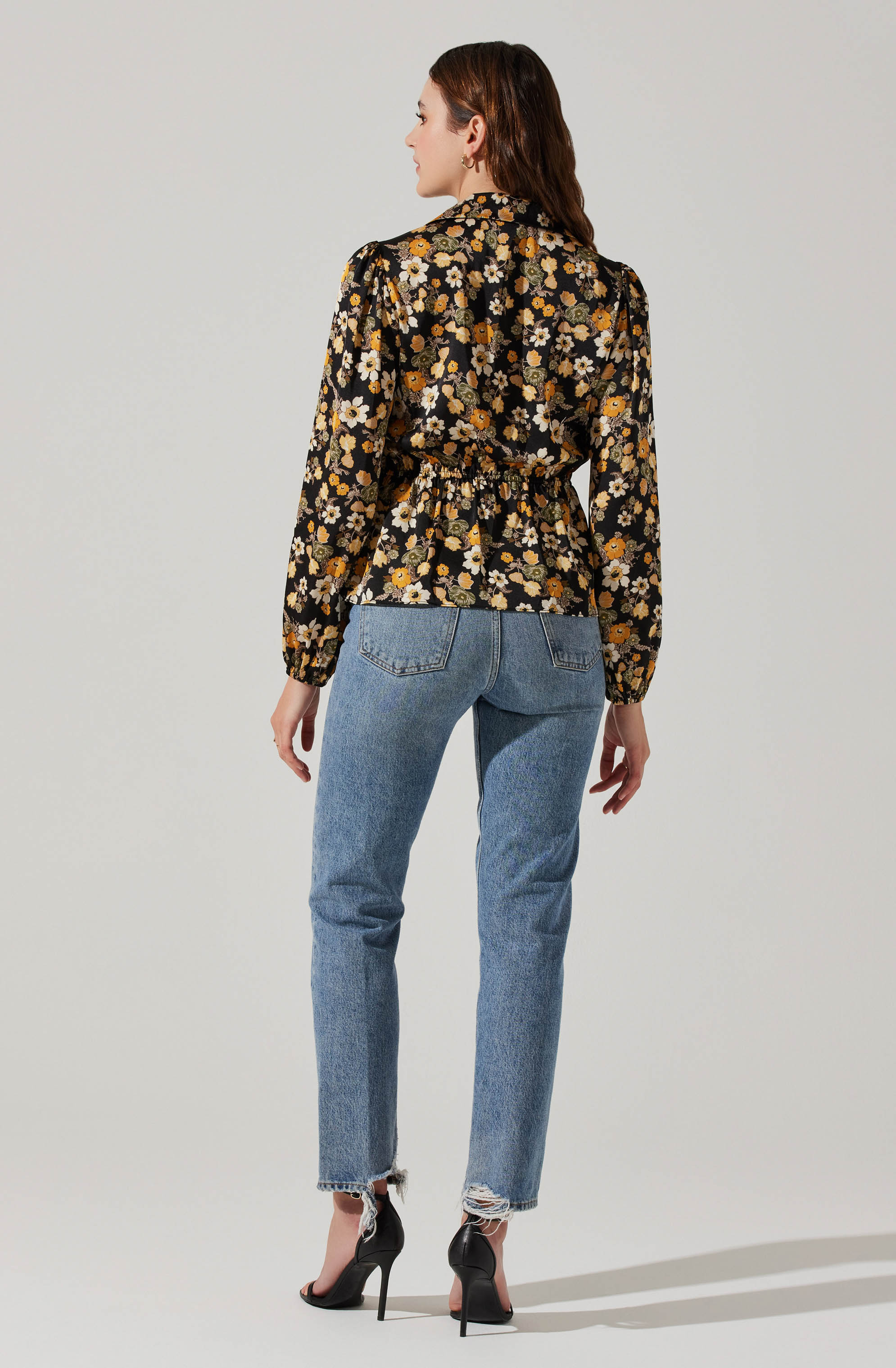 Asymmetrical Collared Floral Wrap Top-Aljck