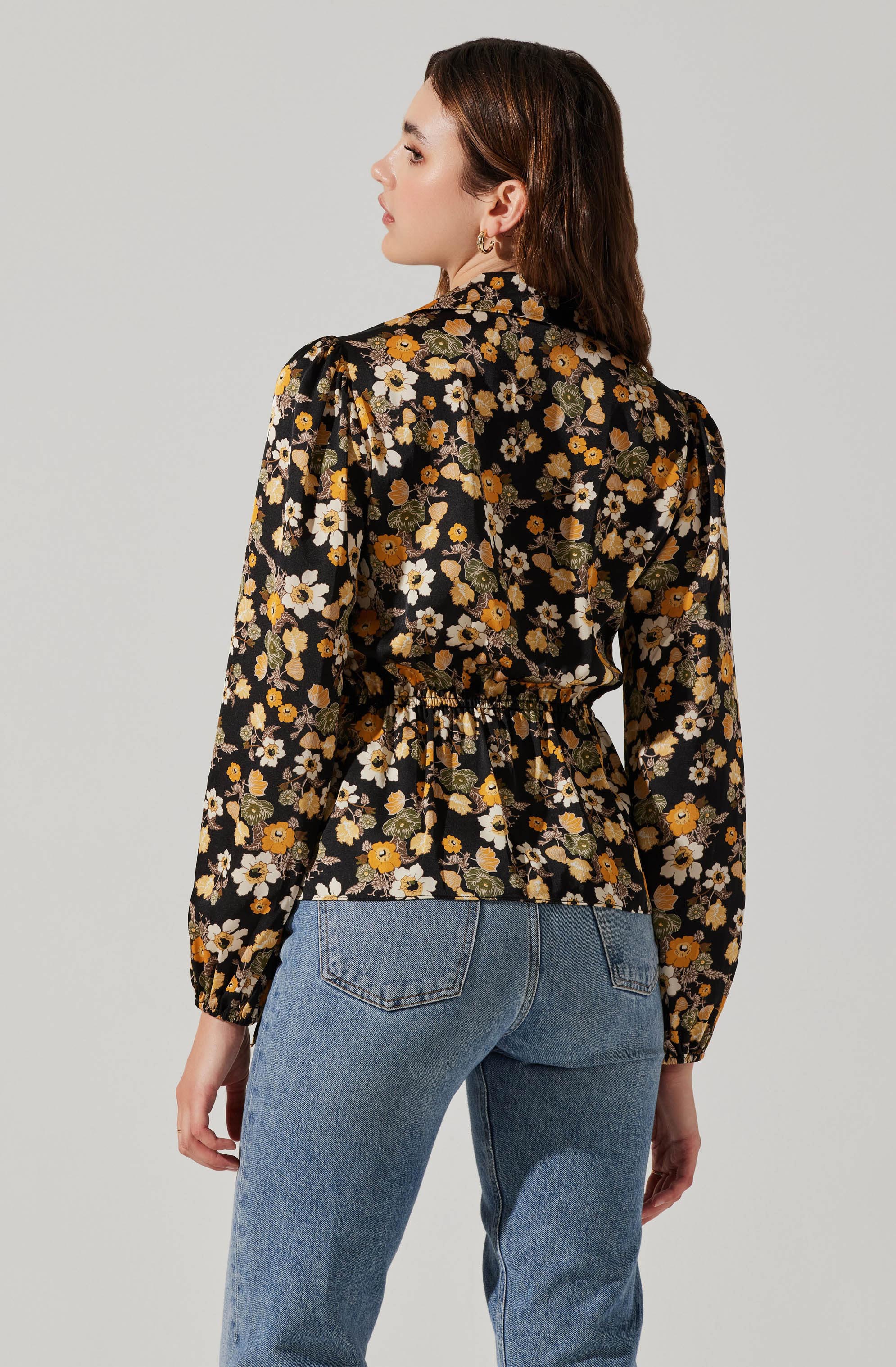 Asymmetrical Collared Floral Wrap Top-Aljck