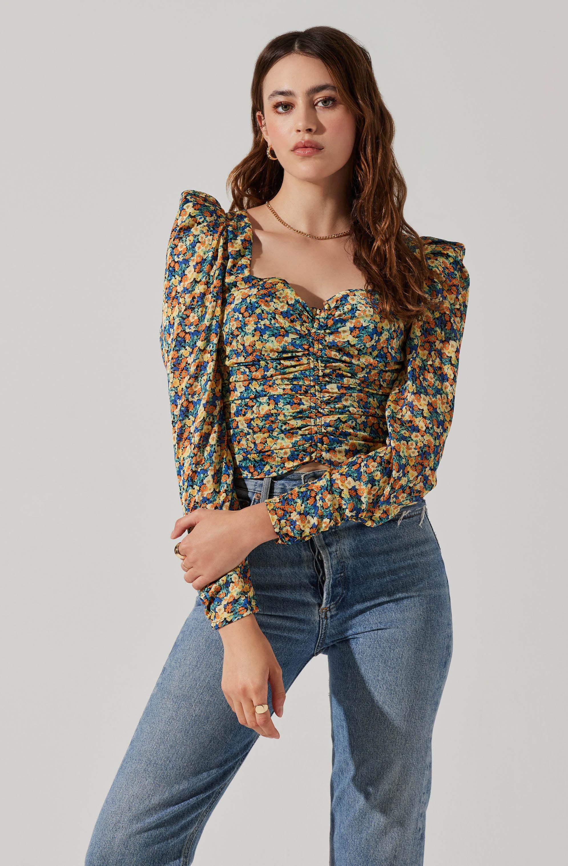 Long Sleeve Floral Ruched Top-Aljck