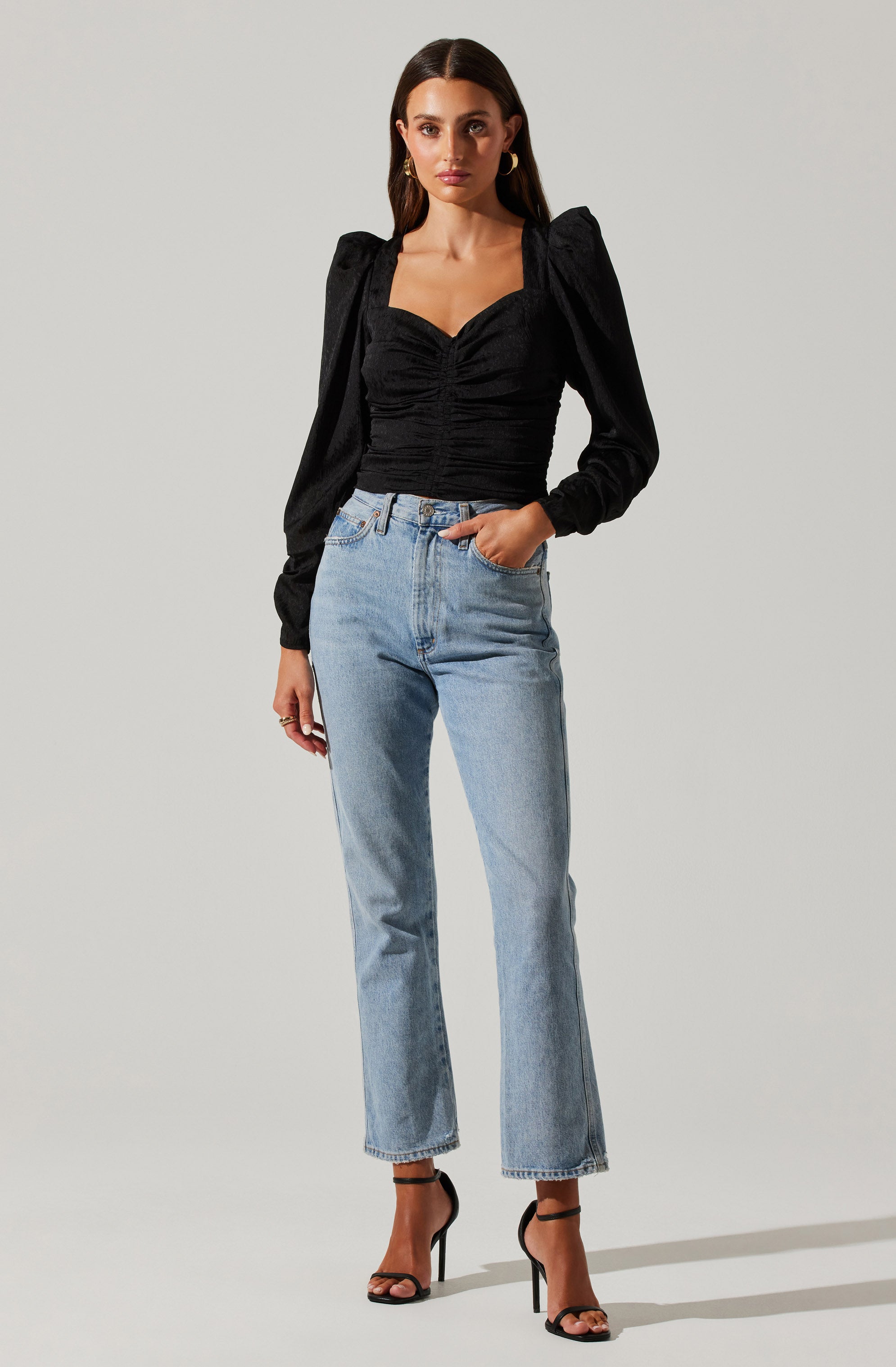 Long Sleeve Ruched Puff Sleeve Top-Aljck