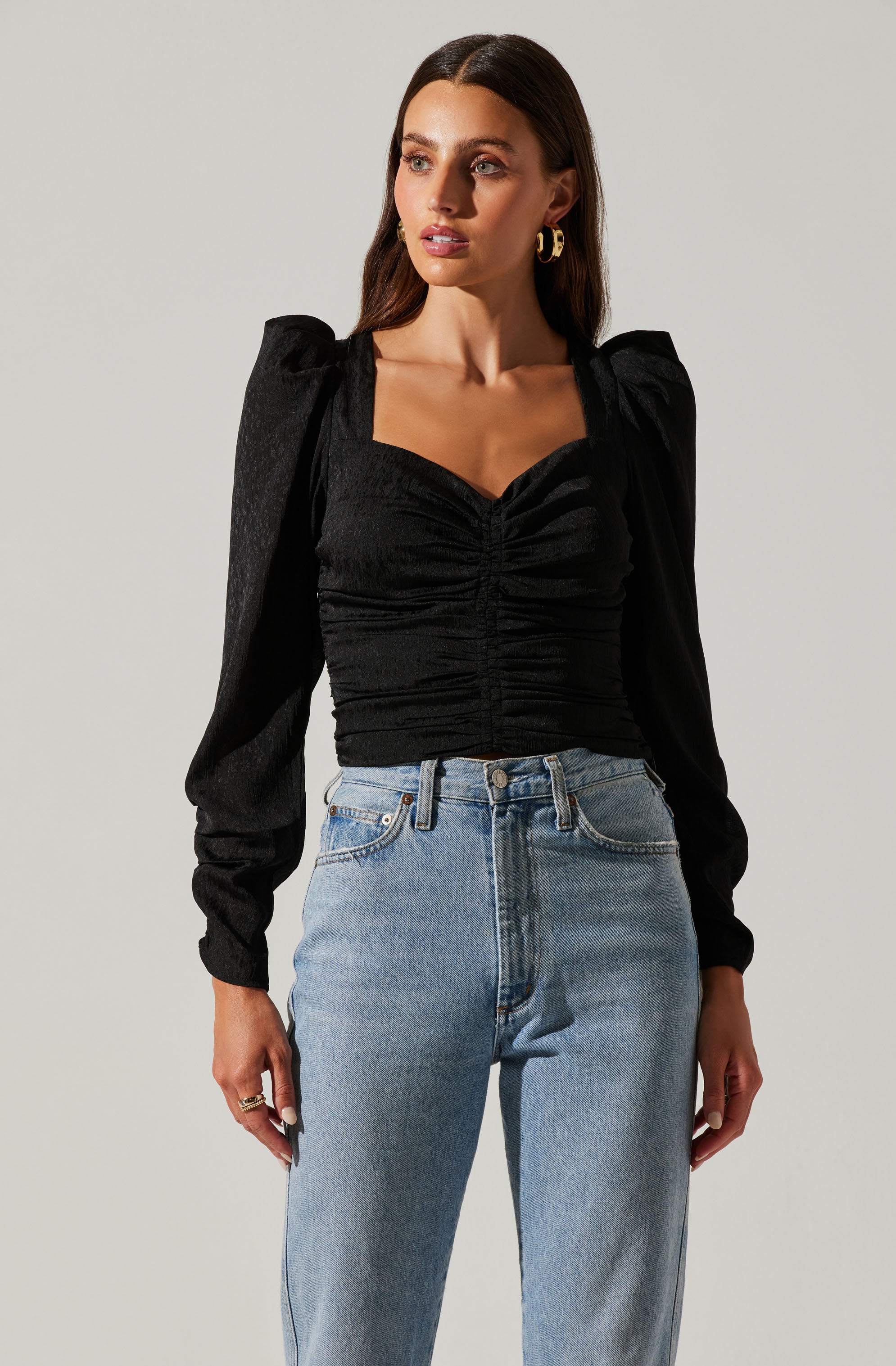 Long Sleeve Ruched Puff Sleeve Top-Aljck