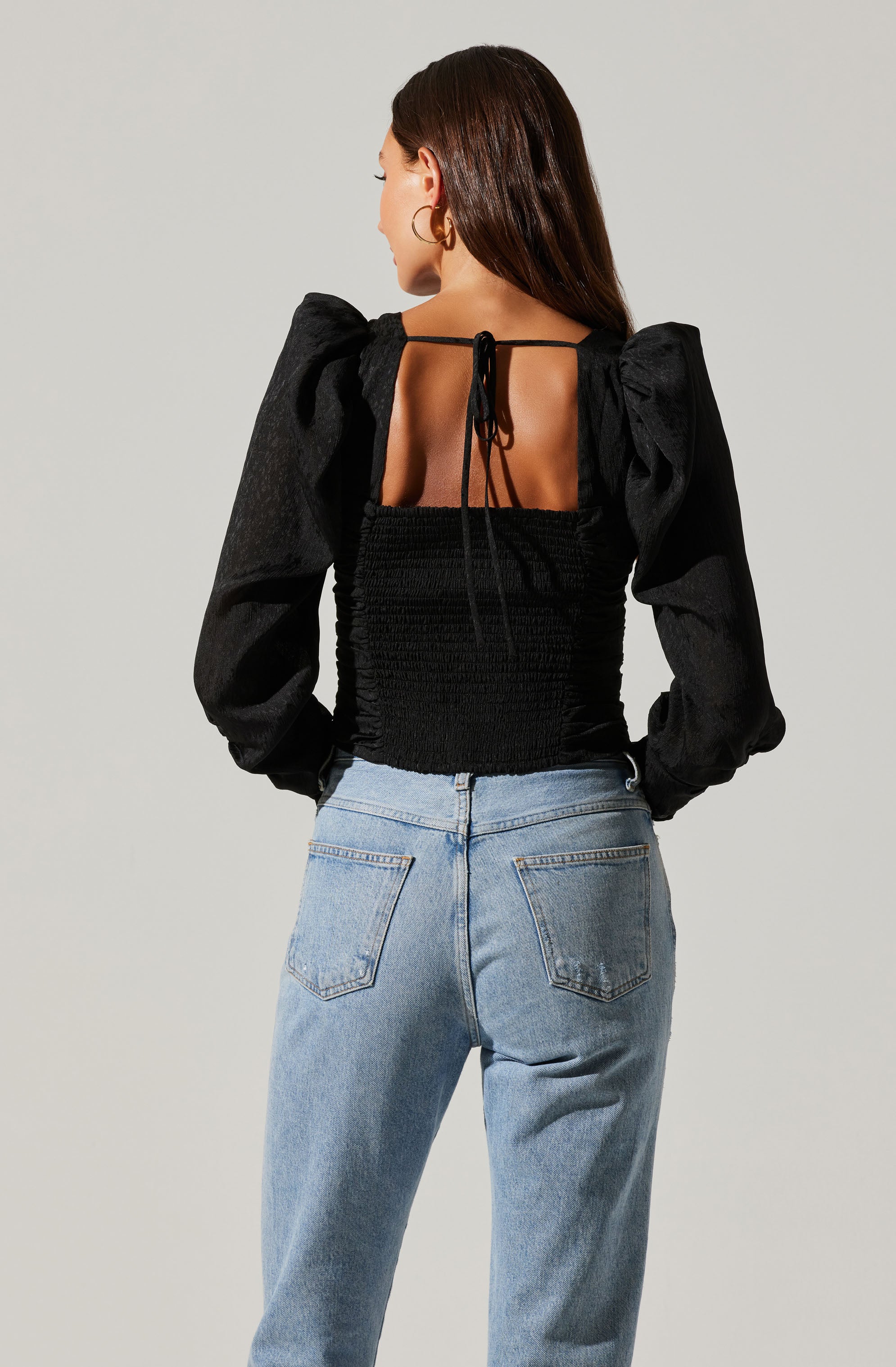 Long Sleeve Ruched Puff Sleeve Top-Aljck