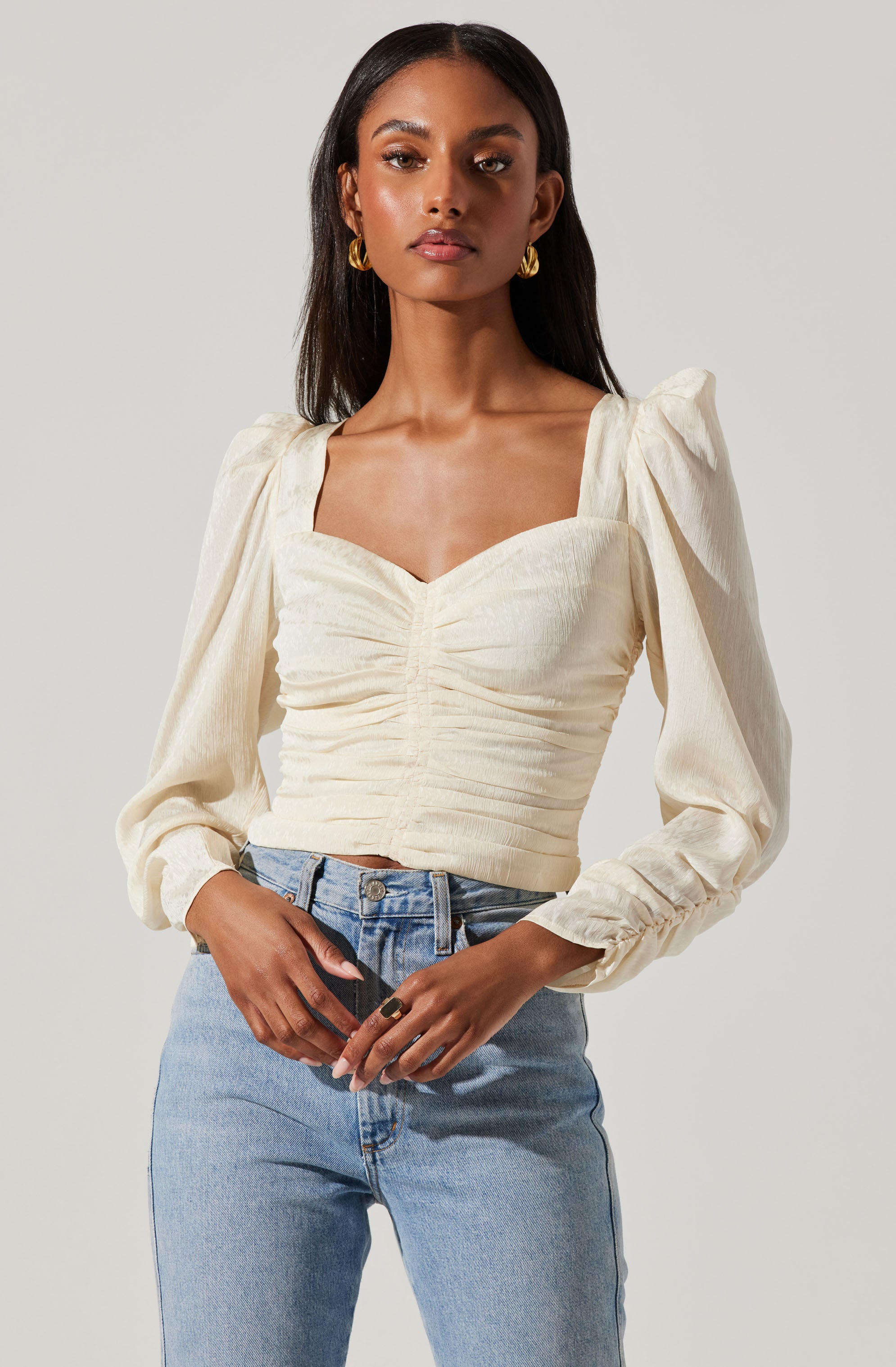 Long Sleeve Ruched Puff Sleeve Top-Aljck
