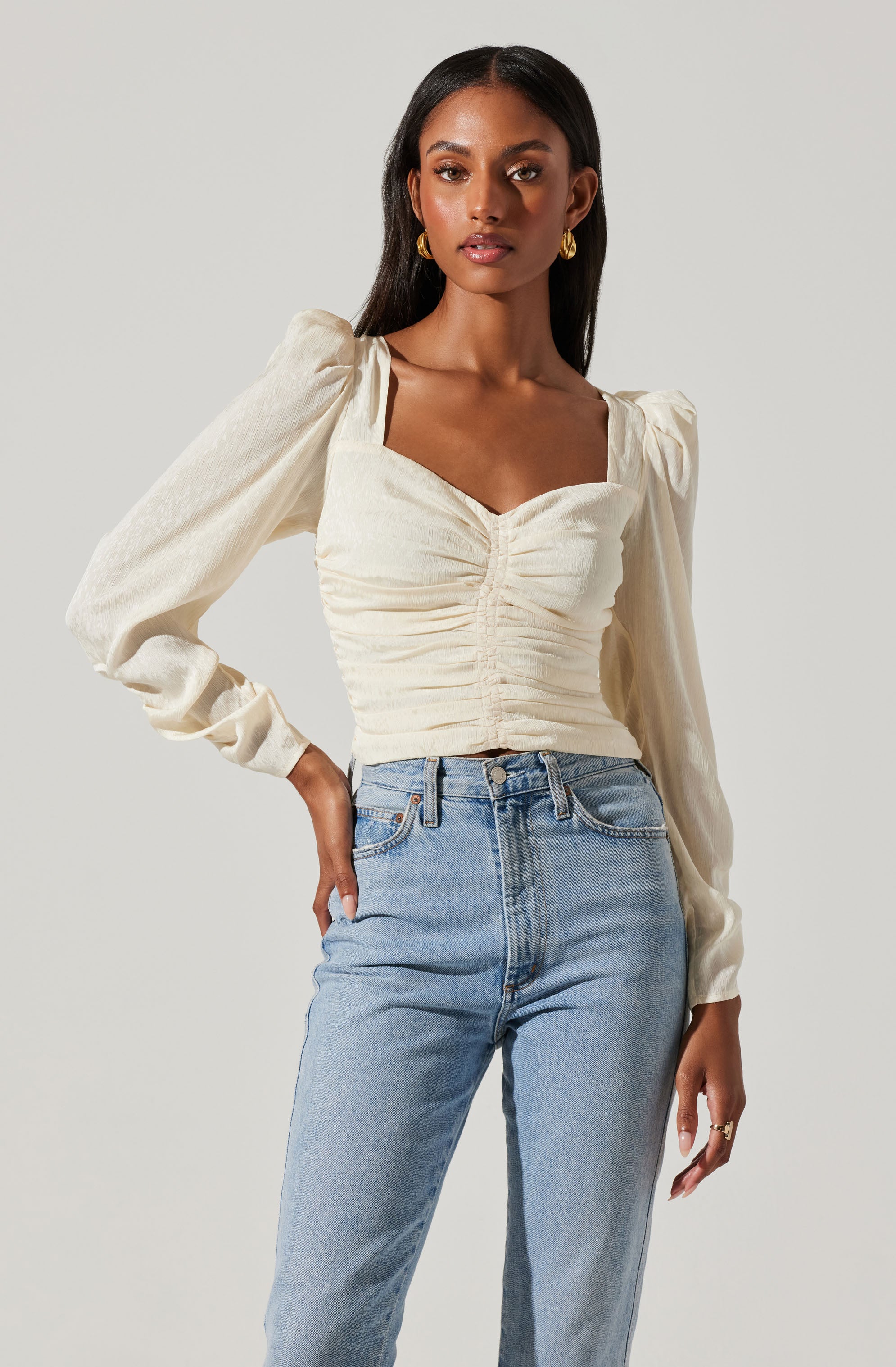 Long Sleeve Ruched Puff Sleeve Top-Aljck