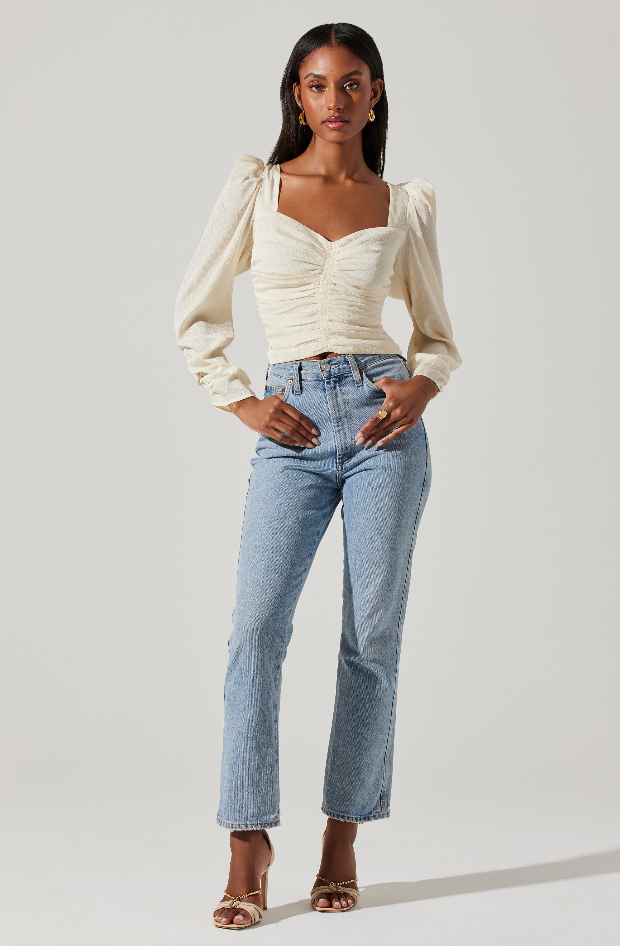 Long Sleeve Ruched Puff Sleeve Top-Aljck