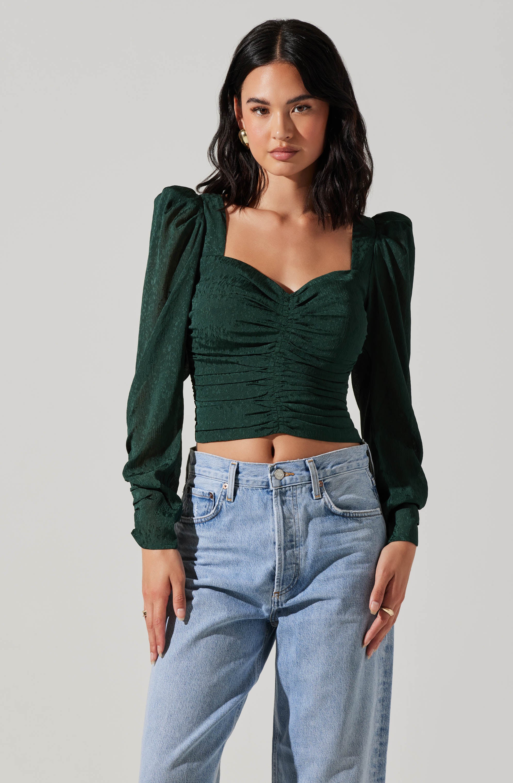 Long Sleeve Ruched Puff Sleeve Top-Aljck