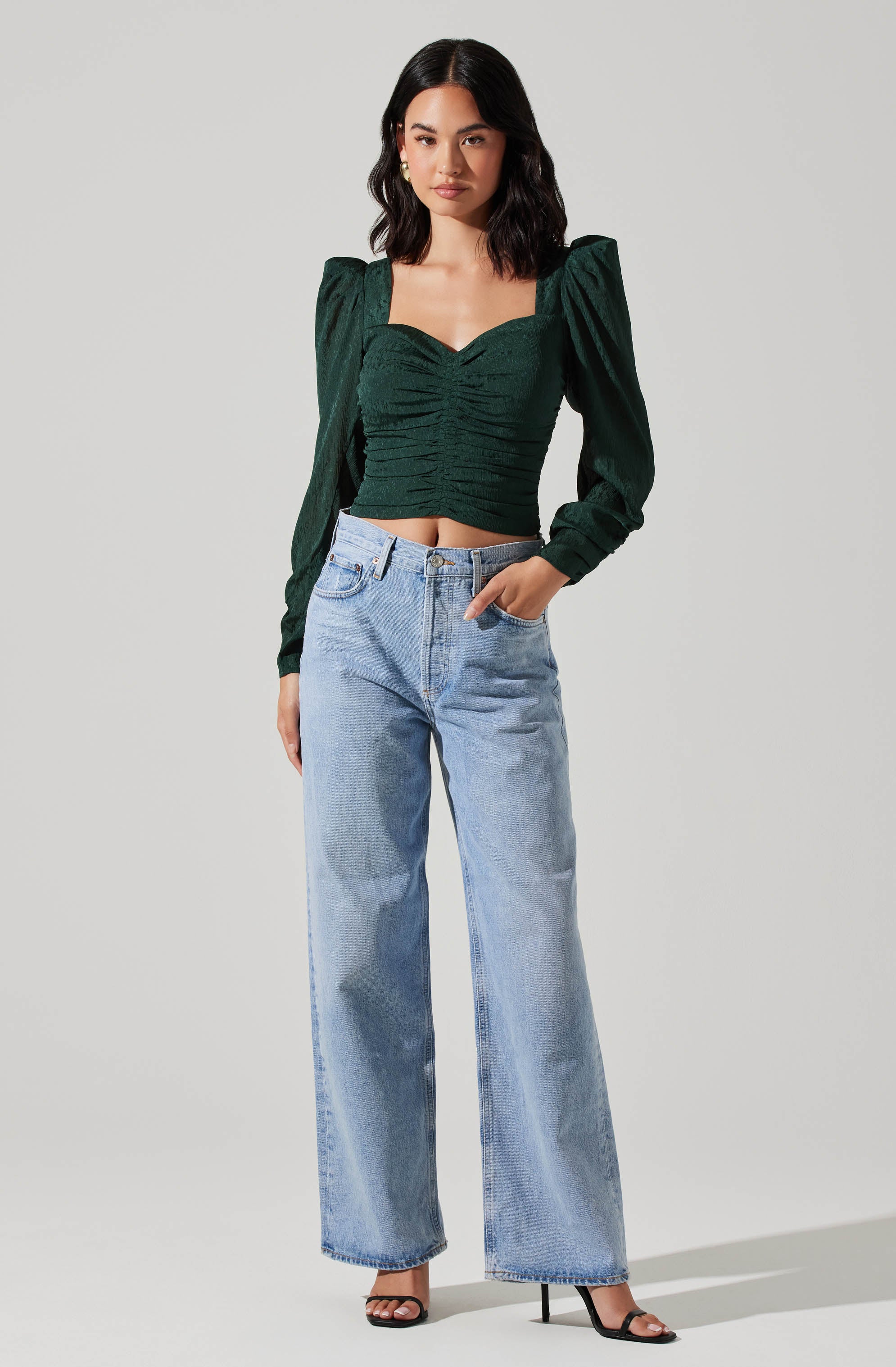 Long Sleeve Ruched Puff Sleeve Top-Aljck