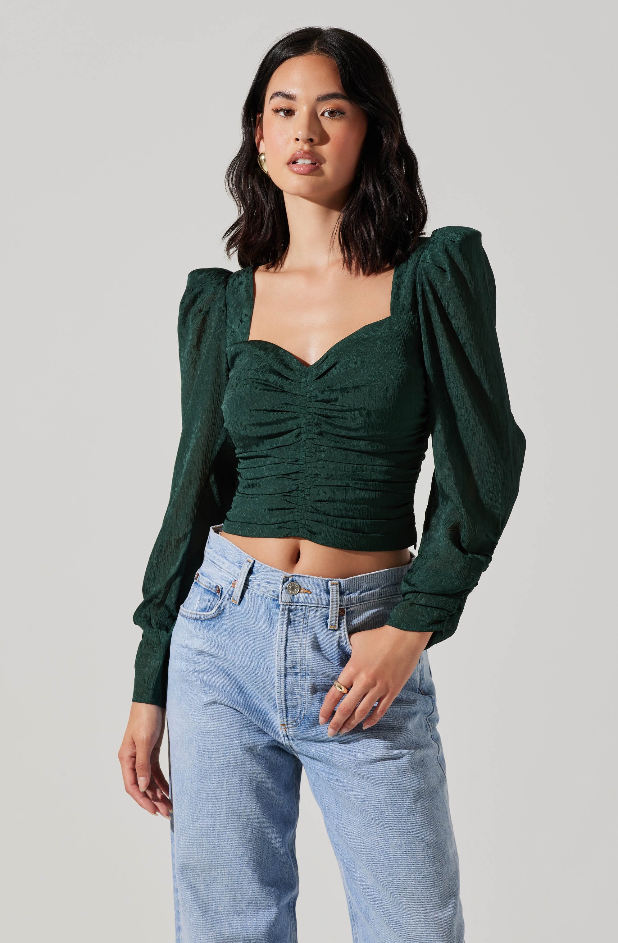 Long Sleeve Ruched Puff Sleeve Top-Aljck
