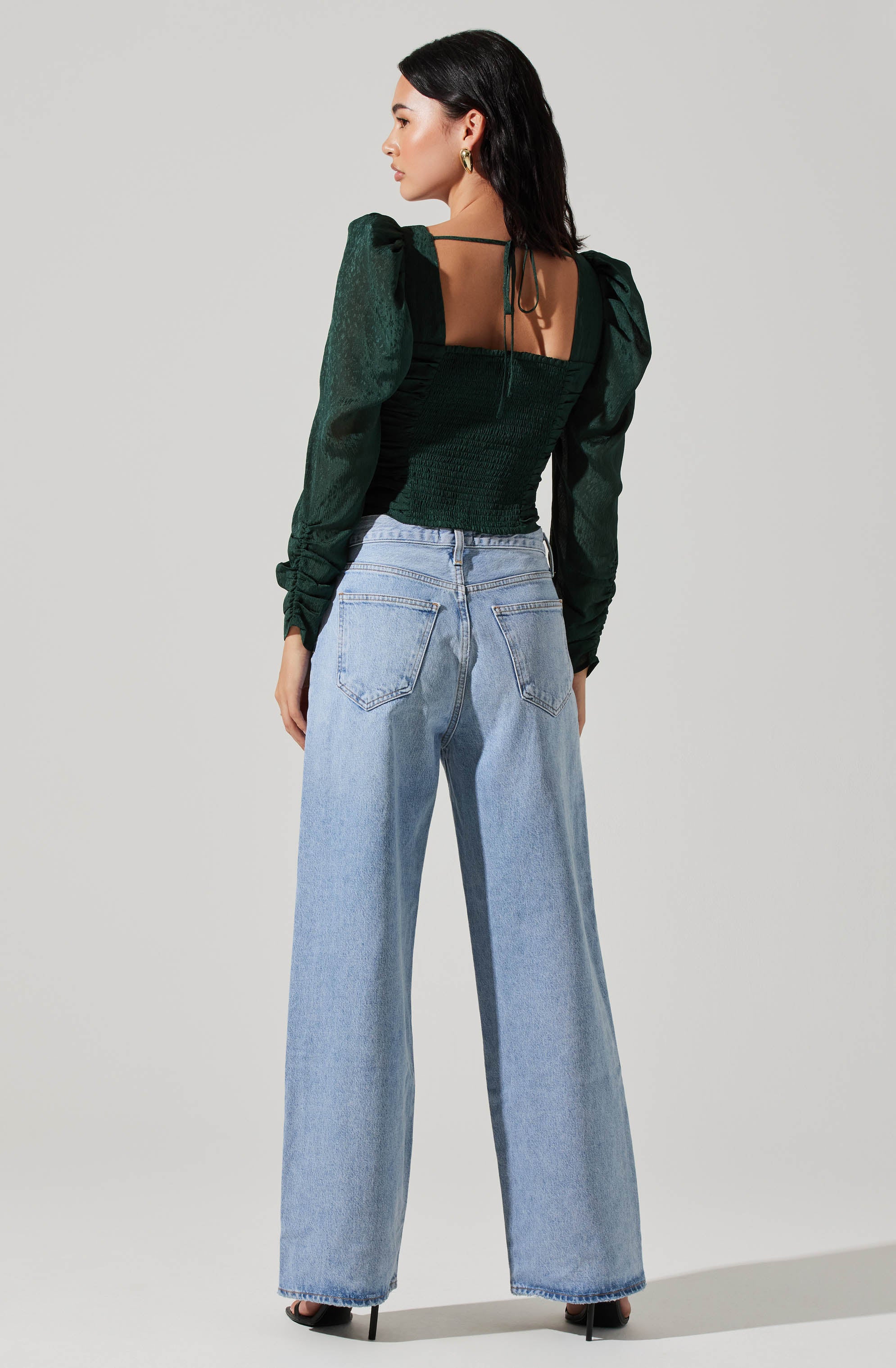 Long Sleeve Ruched Puff Sleeve Top-Aljck