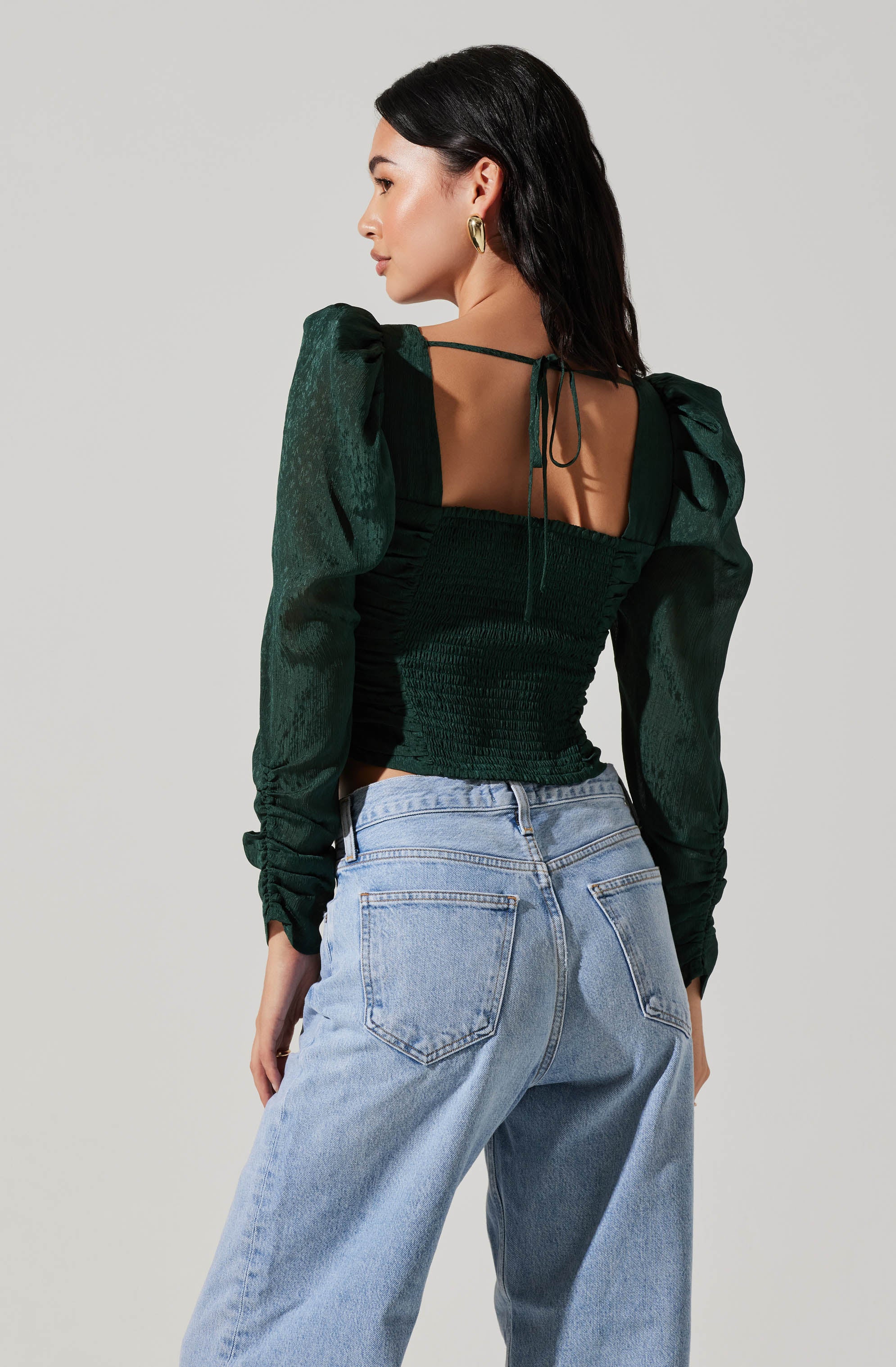 Long Sleeve Ruched Puff Sleeve Top-Aljck