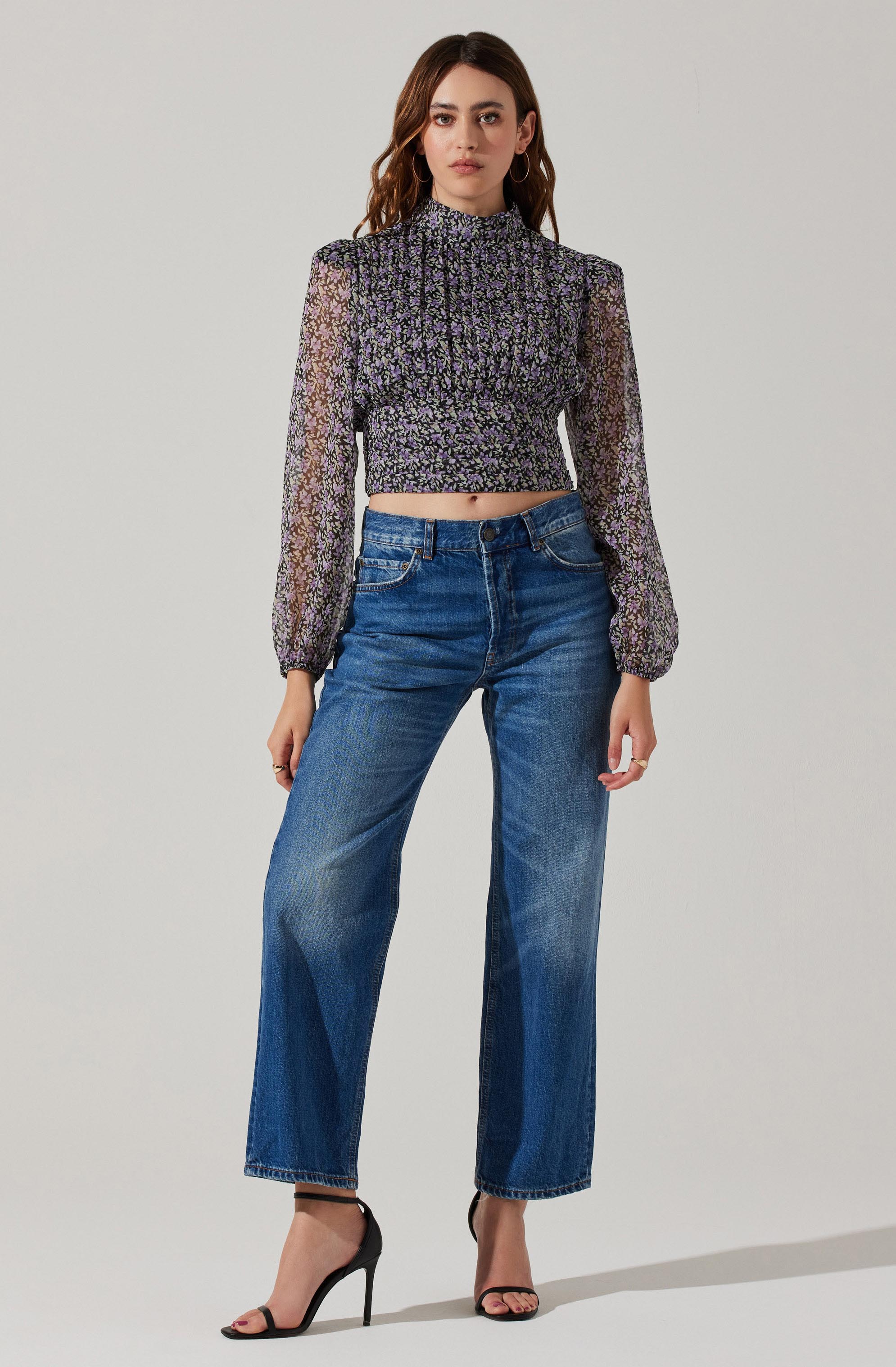 Floral Puff Sleeve Mock Neck Top-Aljck