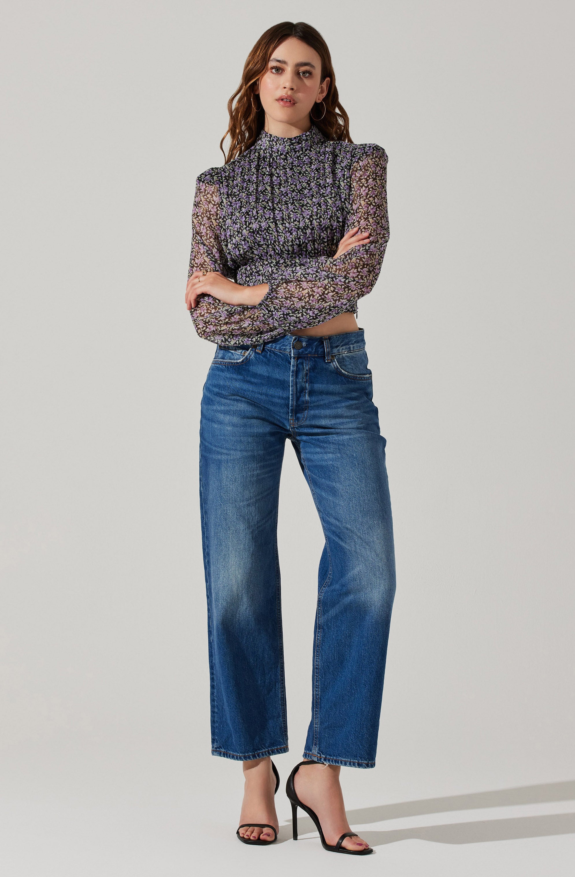 Floral Puff Sleeve Mock Neck Top-Aljck