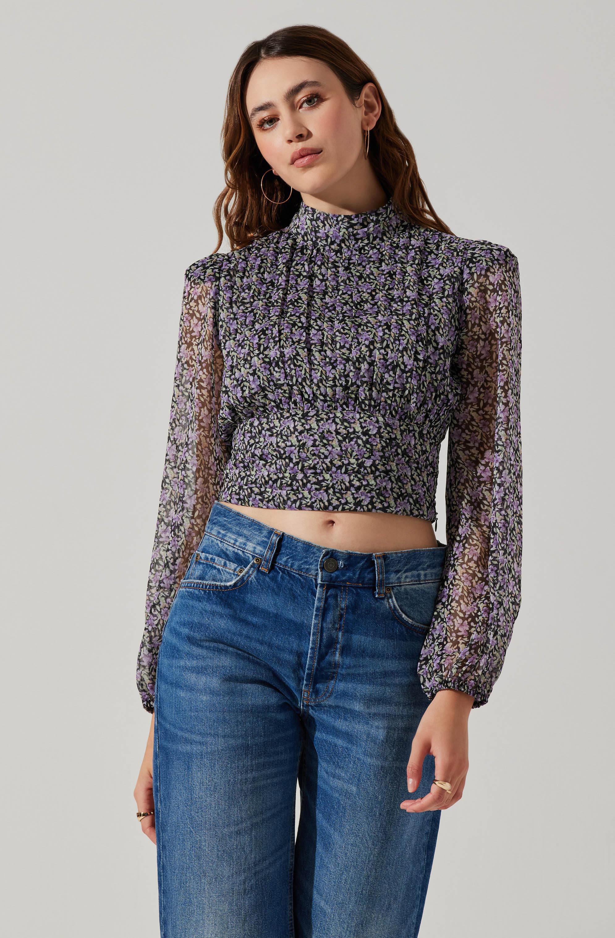 Floral Puff Sleeve Mock Neck Top-Aljck