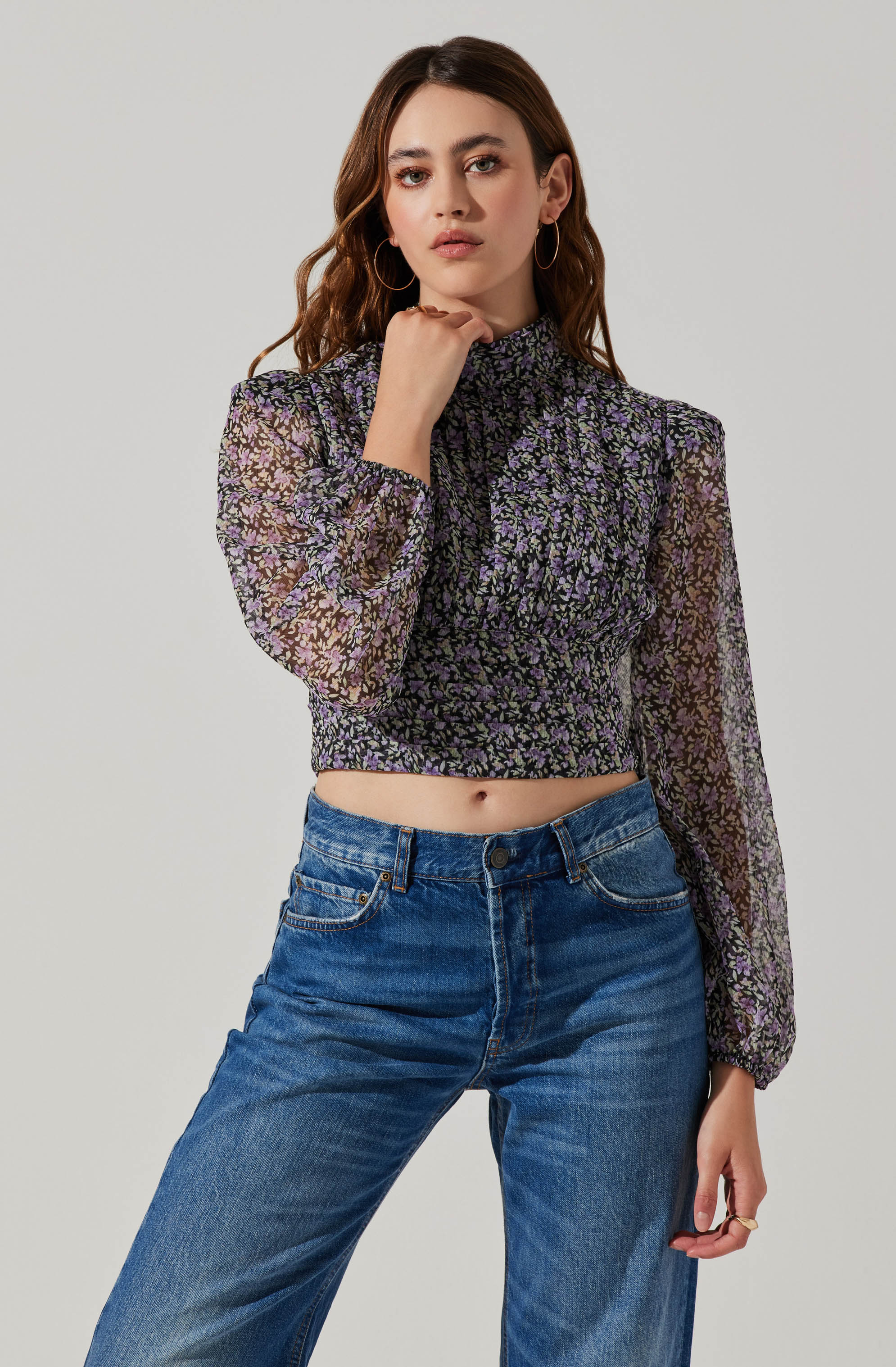 Floral Puff Sleeve Mock Neck Top-Aljck