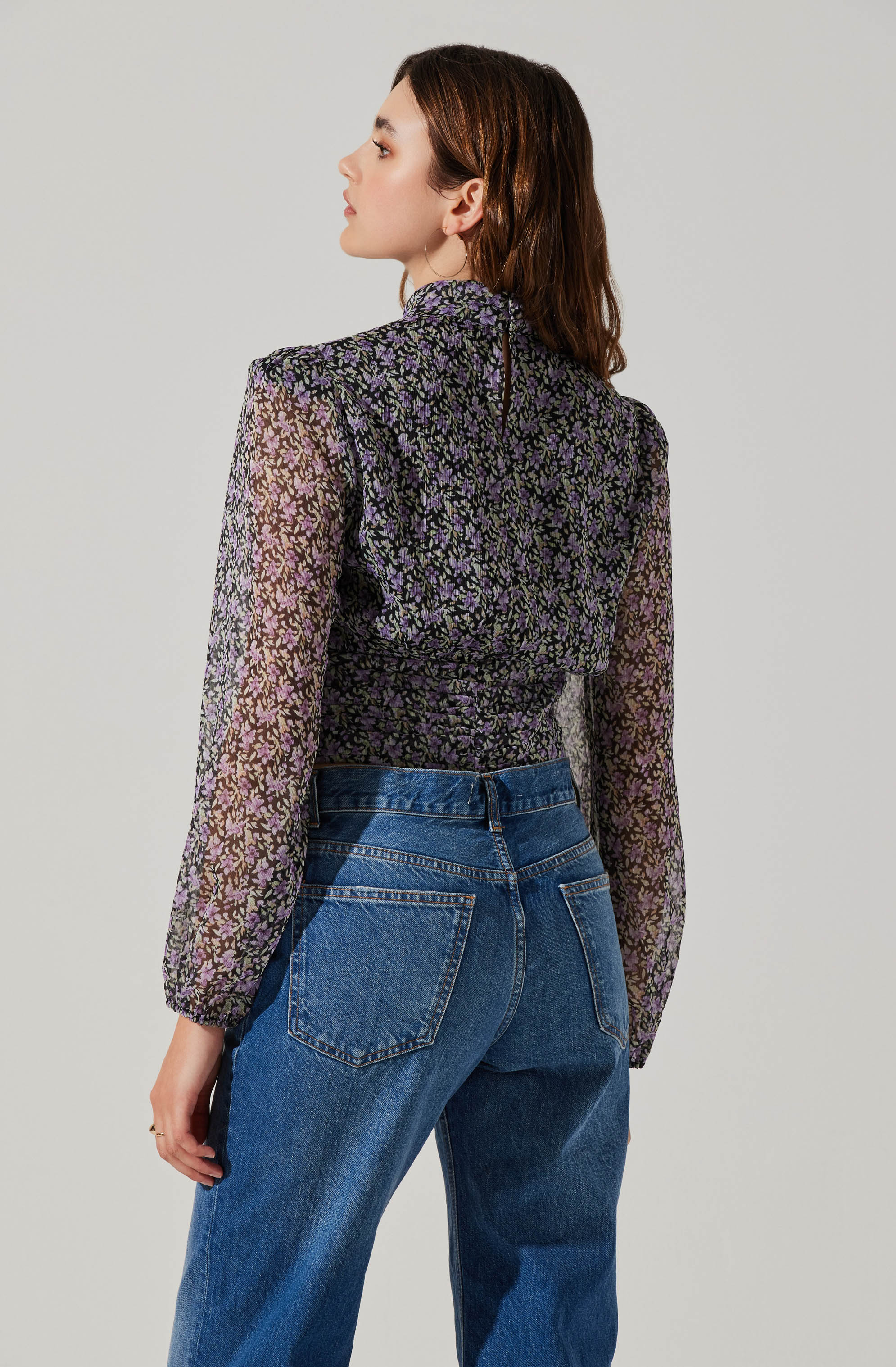 Floral Puff Sleeve Mock Neck Top-Aljck