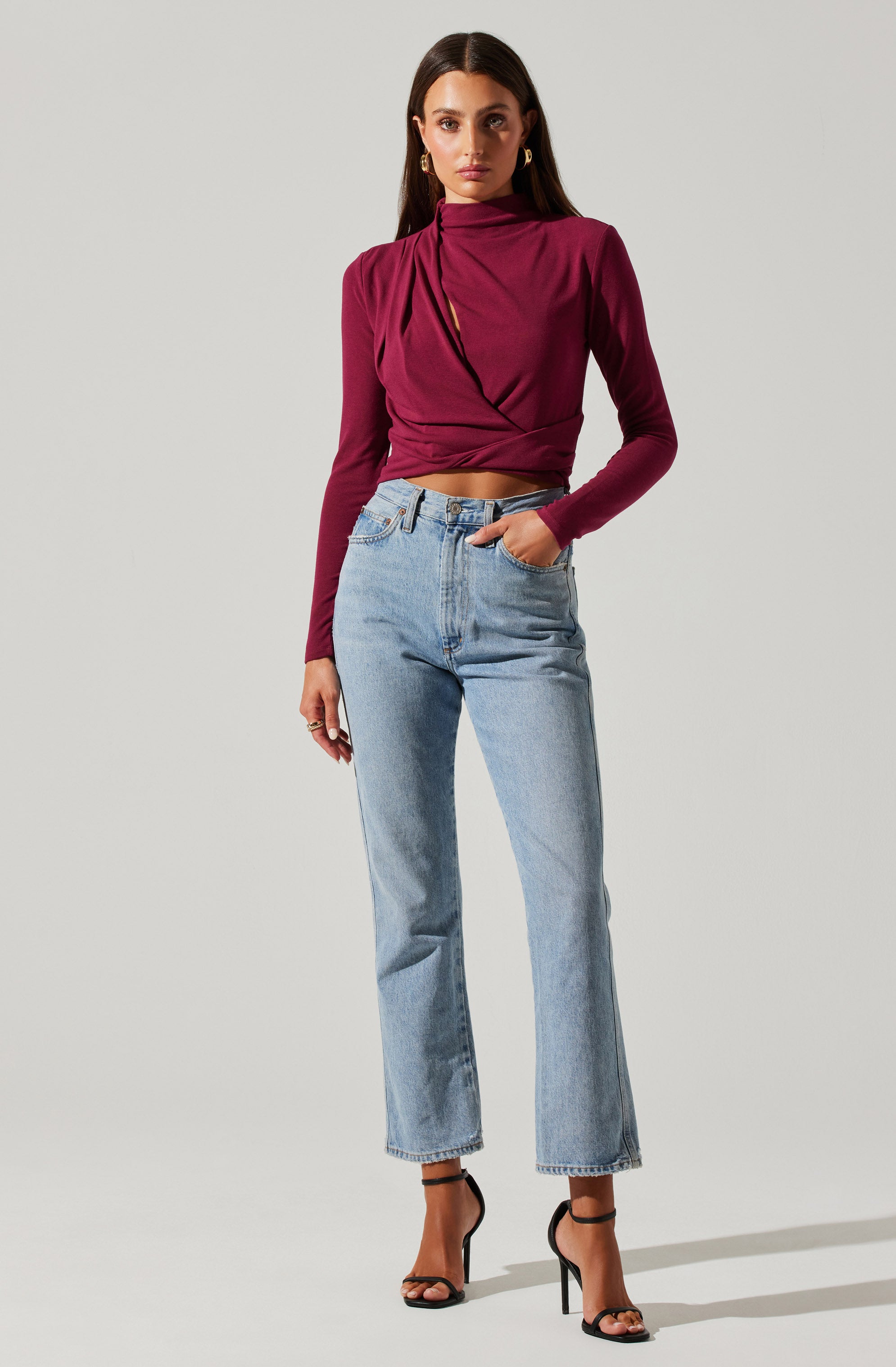 Asymmetrical Pleated Cutout Mock Neck Top-Aljck