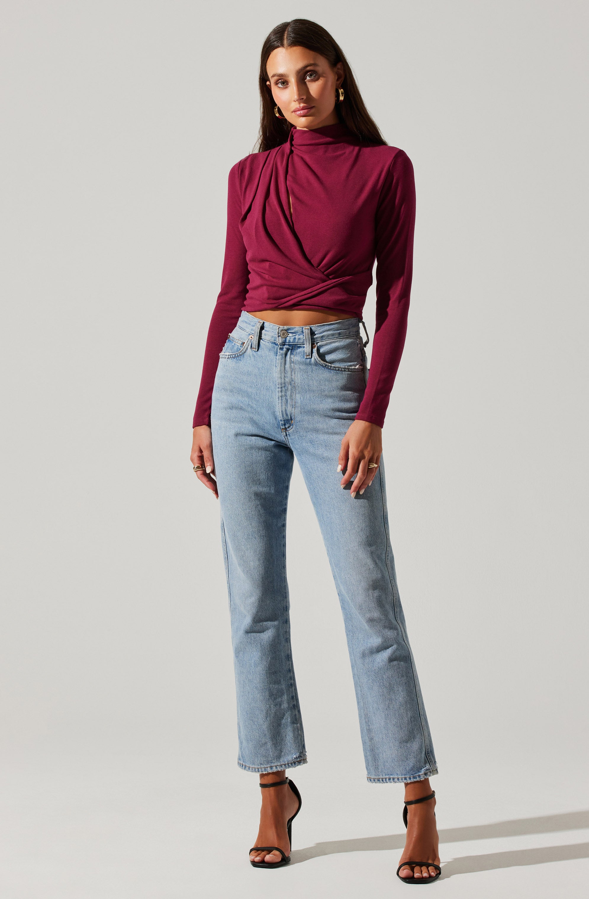 Asymmetrical Pleated Cutout Mock Neck Top-Aljck