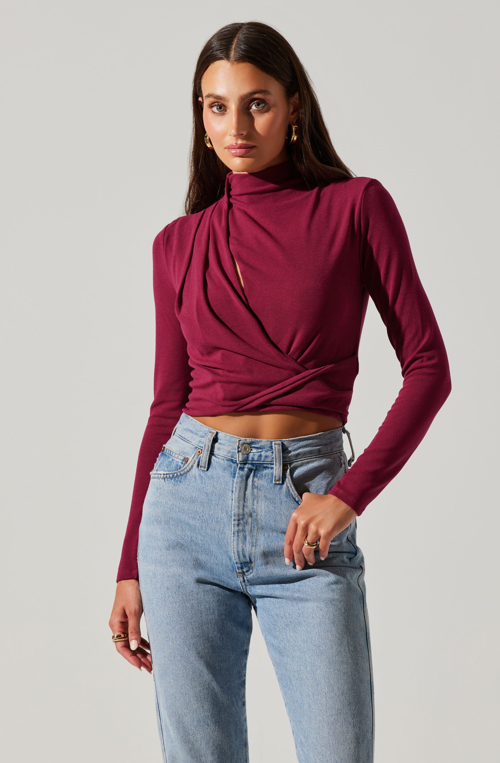 Asymmetrical Pleated Cutout Mock Neck Top-Aljck
