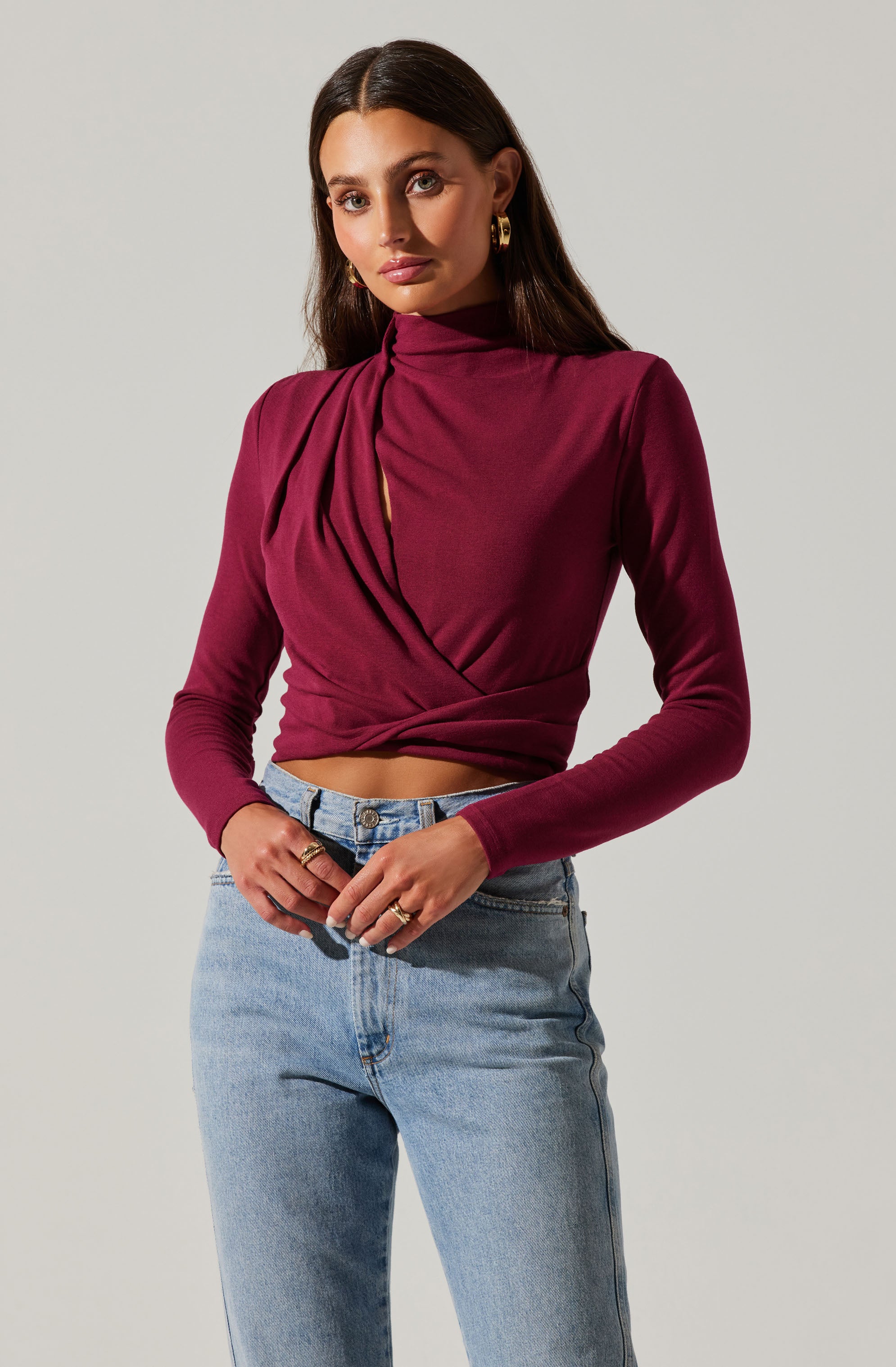 Asymmetrical Pleated Cutout Mock Neck Top-Aljck