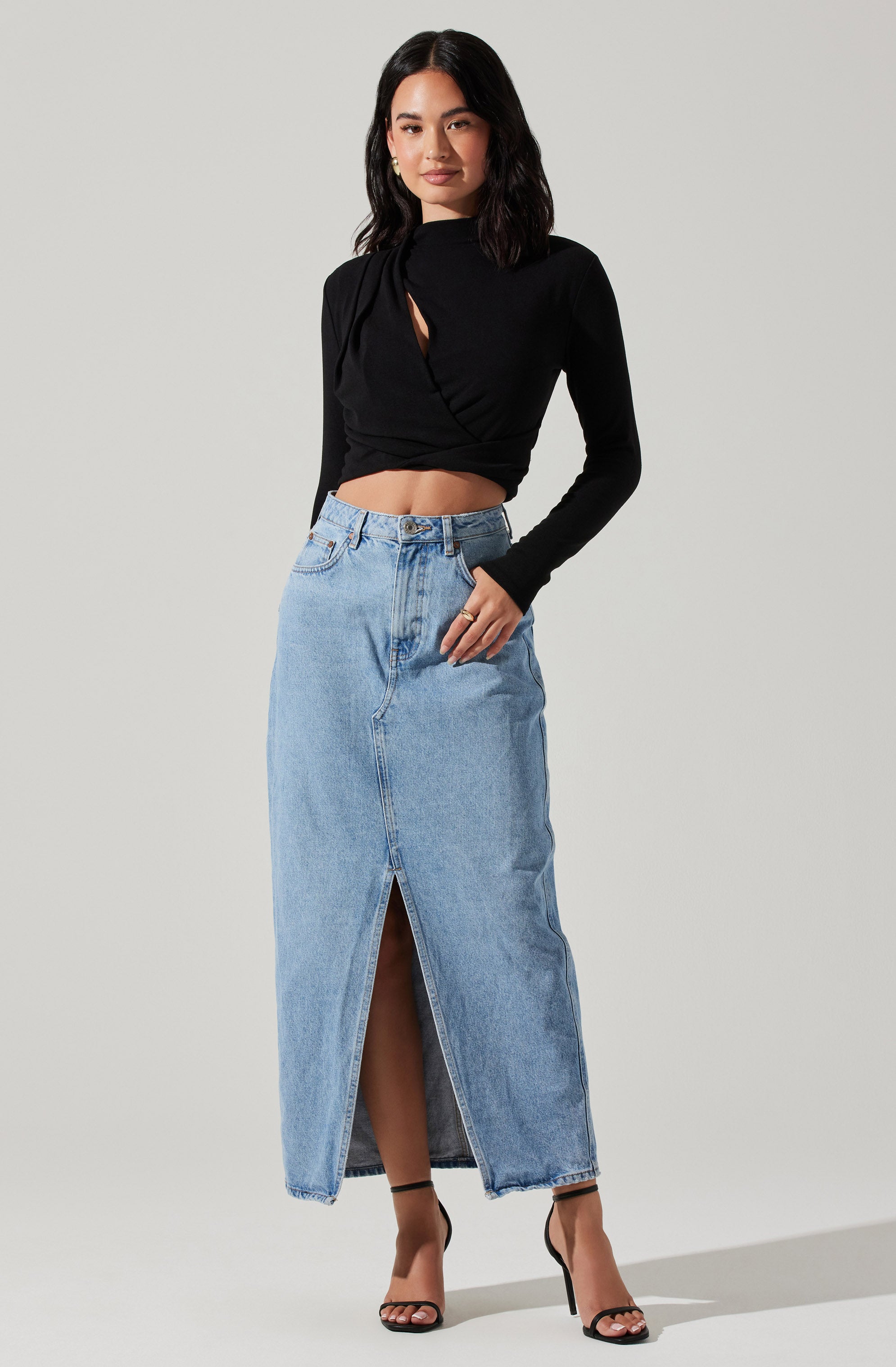 Asymmetrical Pleated Cutout Mock Neck Top-Aljck