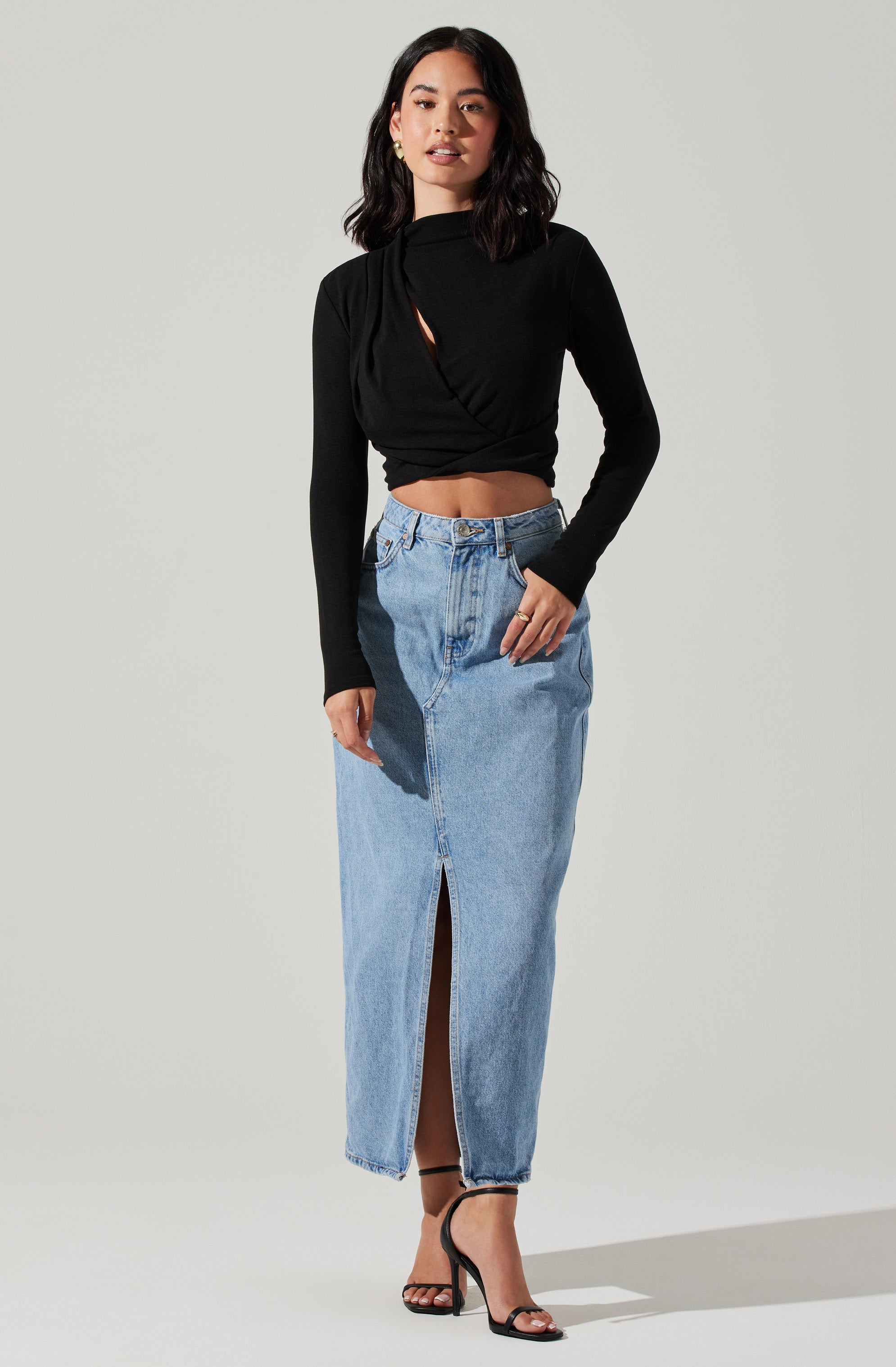 Asymmetrical Pleated Cutout Mock Neck Top-Aljck