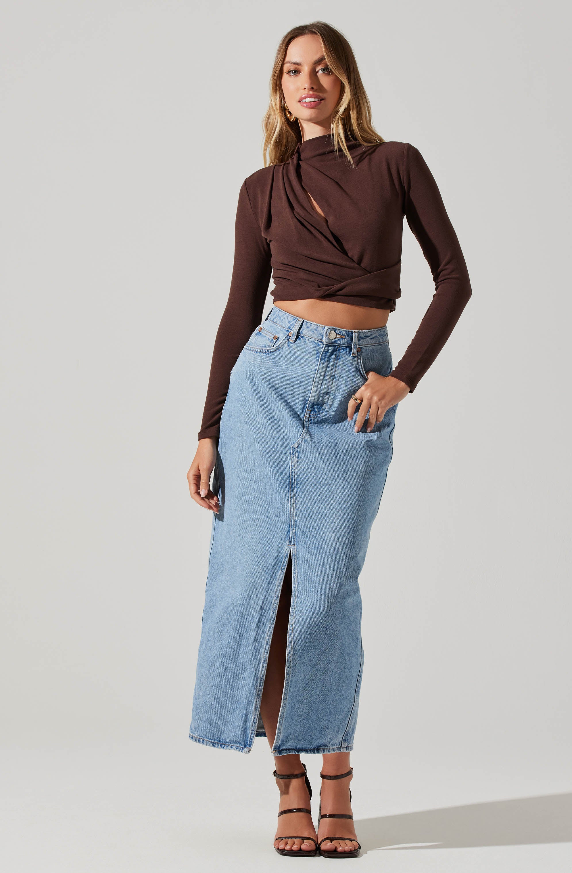 Asymmetrical Pleated Cutout Mock Neck Top-Aljck