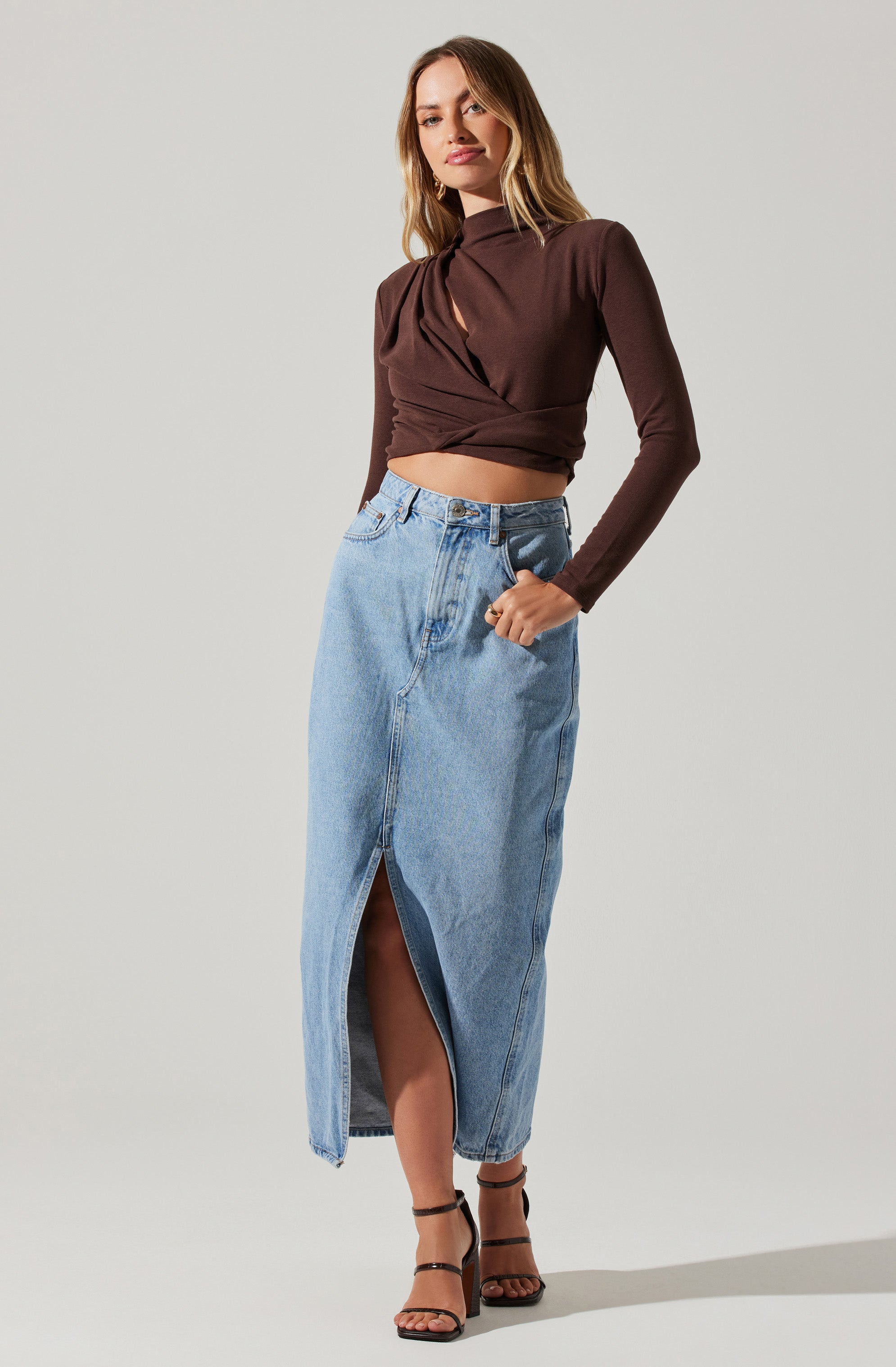 Asymmetrical Pleated Cutout Mock Neck Top-Aljck