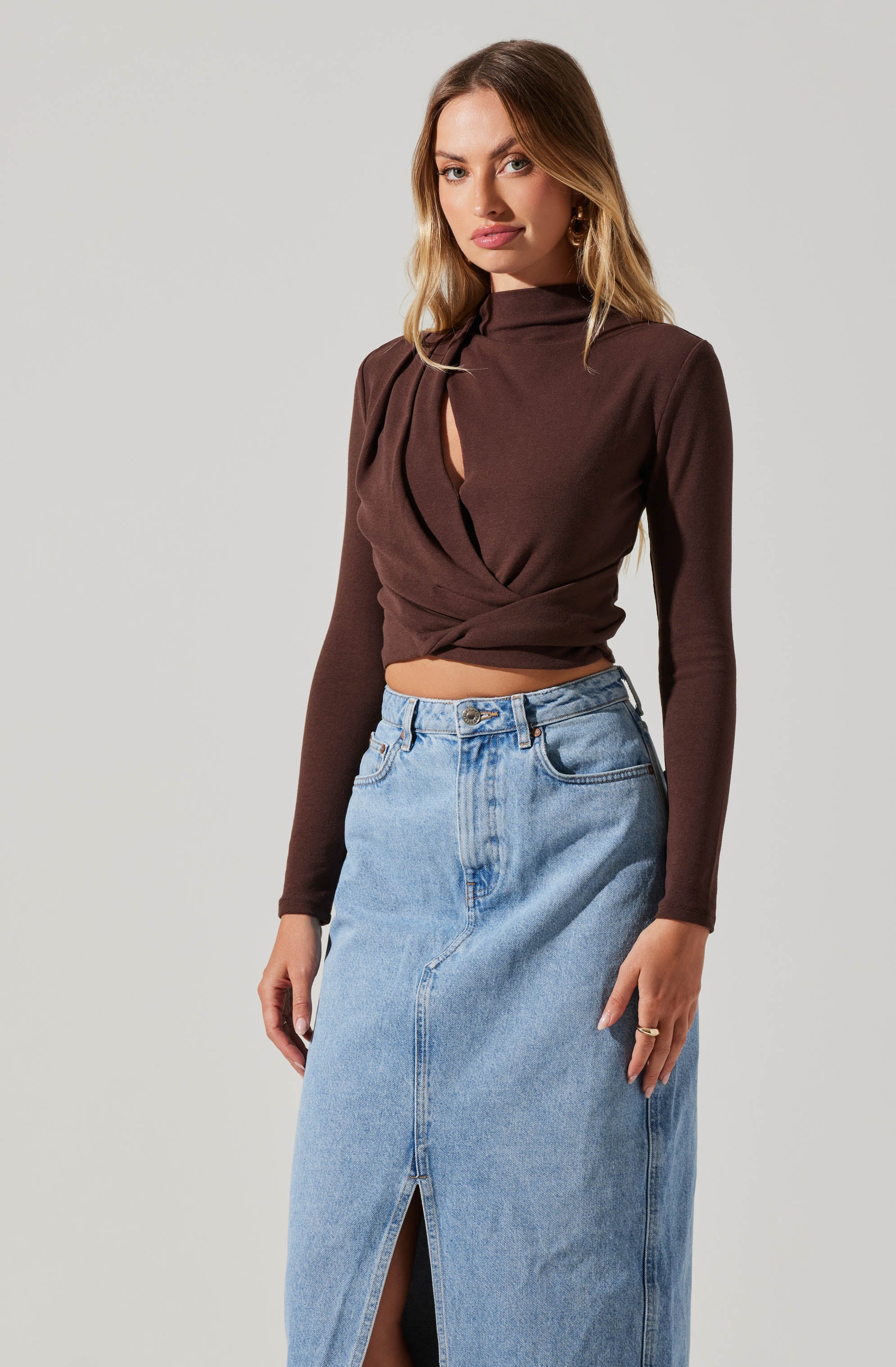 Asymmetrical Pleated Cutout Mock Neck Top-Aljck
